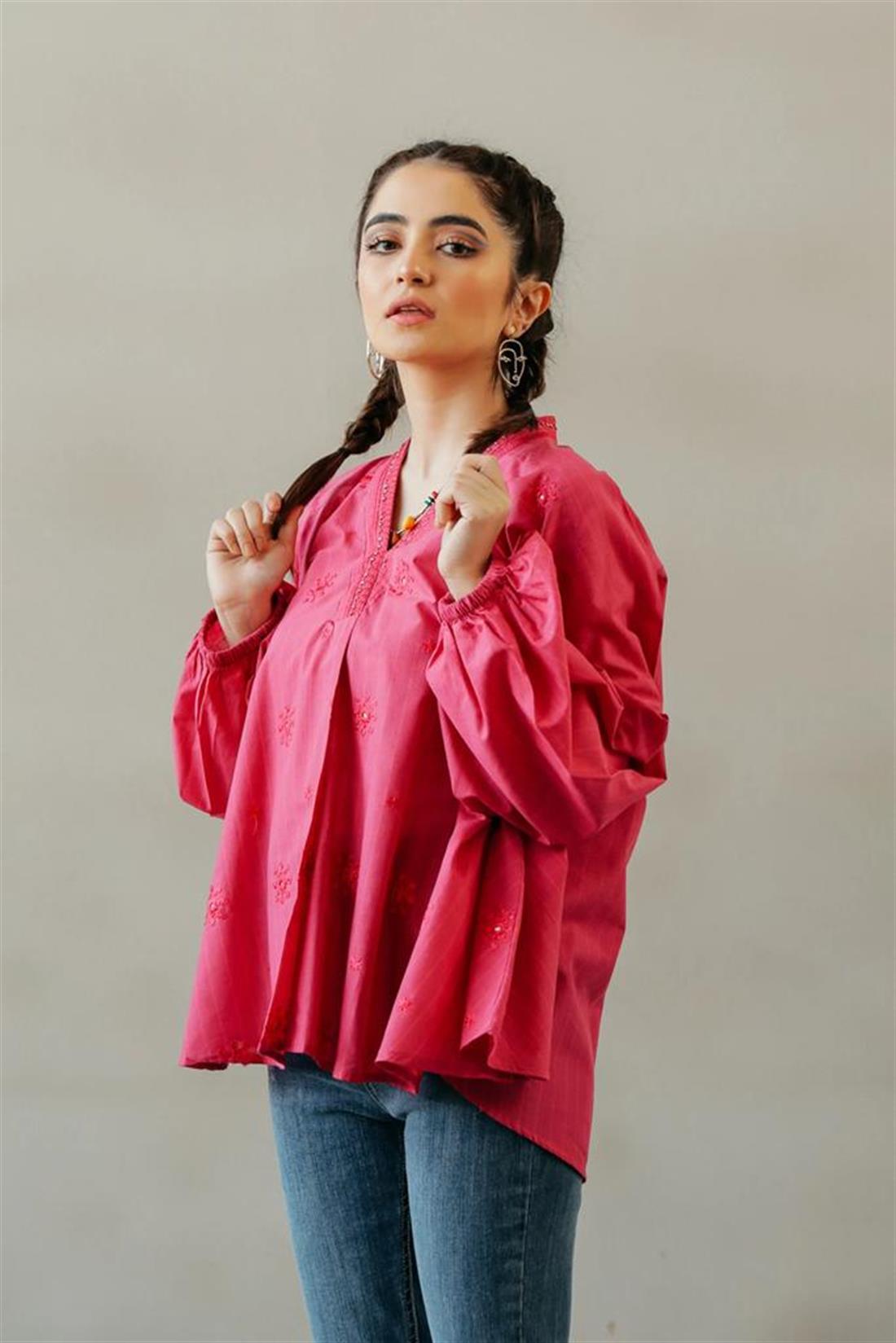 Pink 1 PC Readymade Embroidered Cotton Linen Kurti