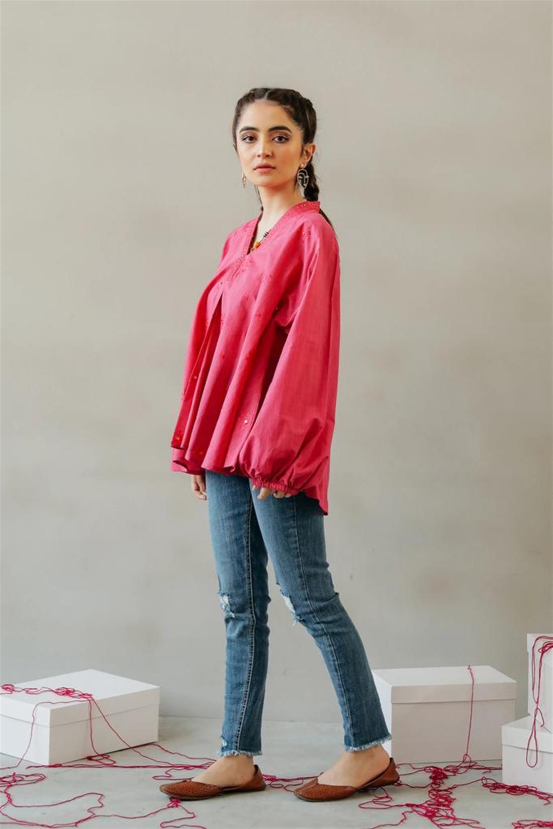 Pink 1 PC Readymade Embroidered Cotton Linen Kurti