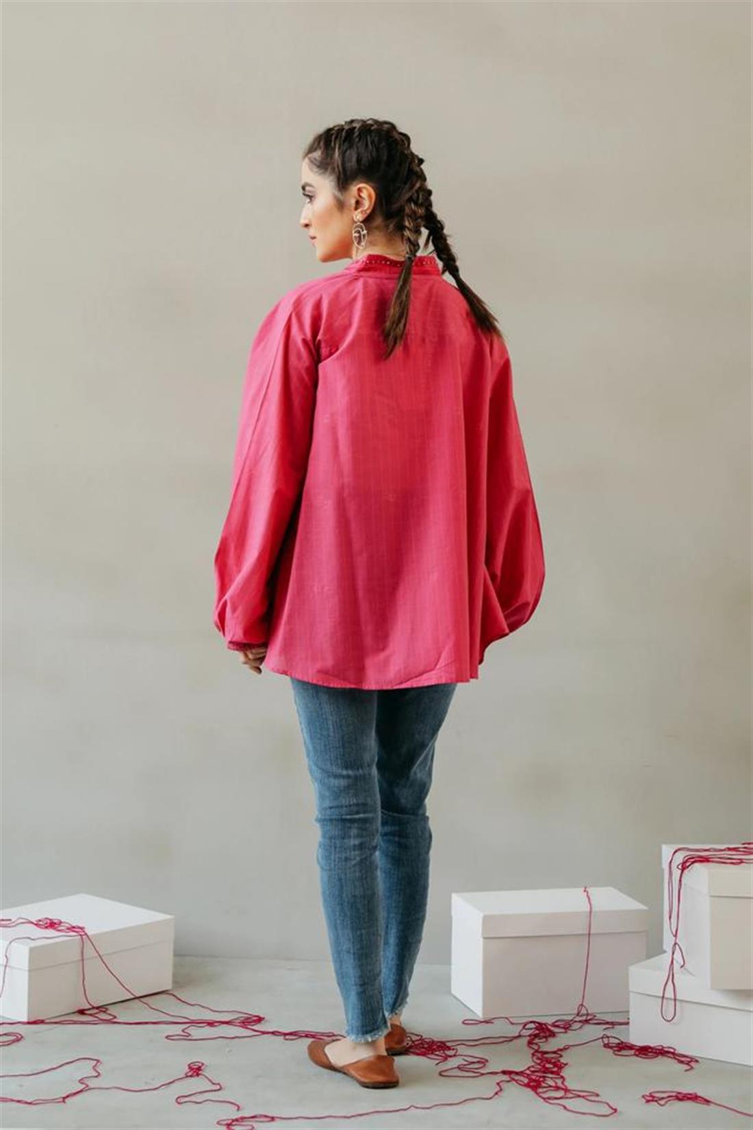 Pink 1 PC Readymade Embroidered Cotton Linen Kurti