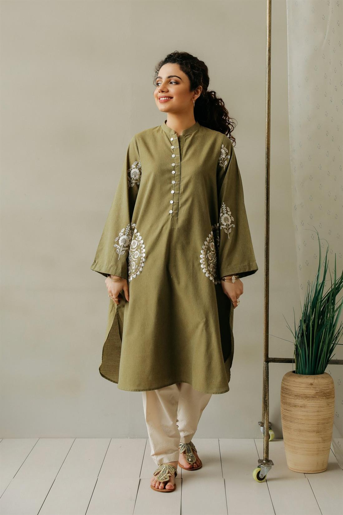 Olive Embroidered Karandi Ethnic Designer Ladies Ready to Wear Suits