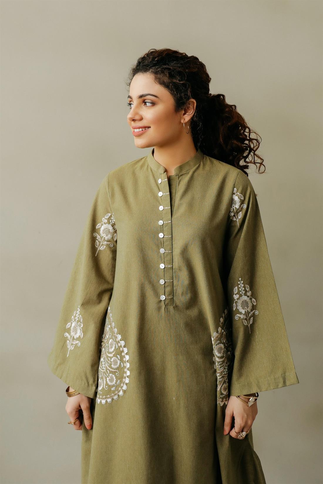 Olive Embroidered Karandi Ethnic Designer Ladies Ready to Wear Suits