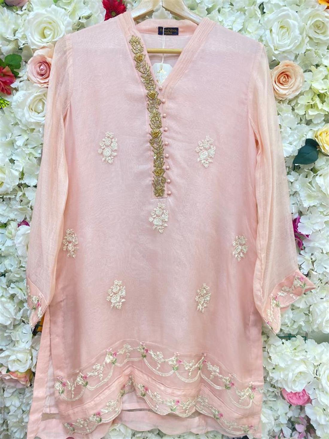 Pink Agha Noor Pure Organza Shirt. Cotton Net Sleeves.