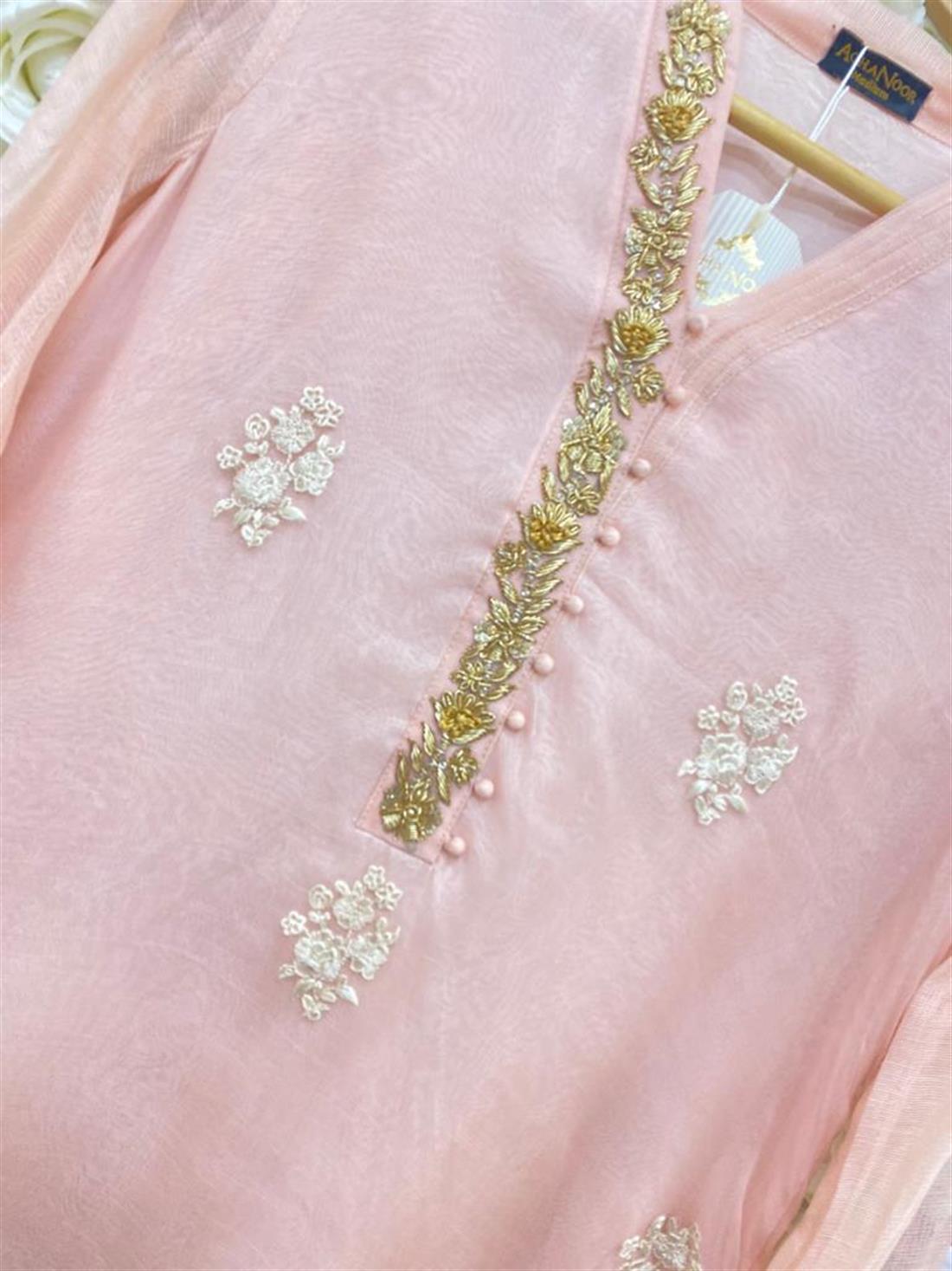 Pink Agha Noor Pure Organza Shirt. Cotton Net Sleeves.