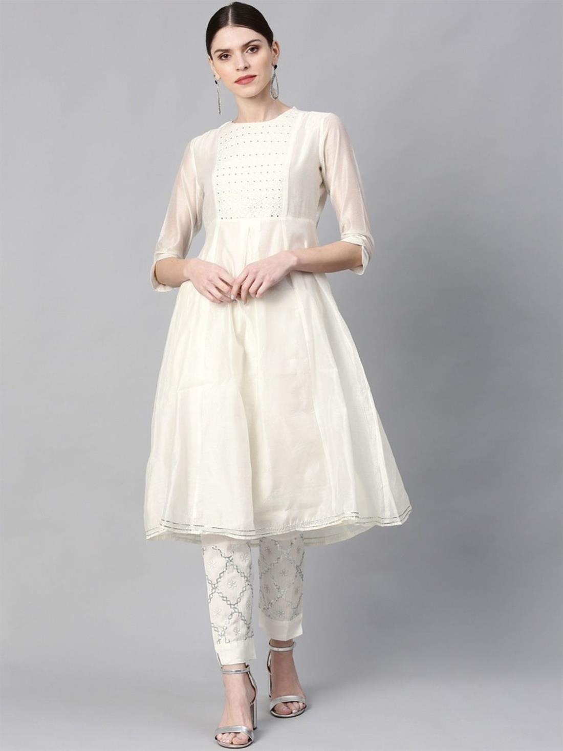 White Cotton Chanderi Embellished A-Line Kurta. Only.