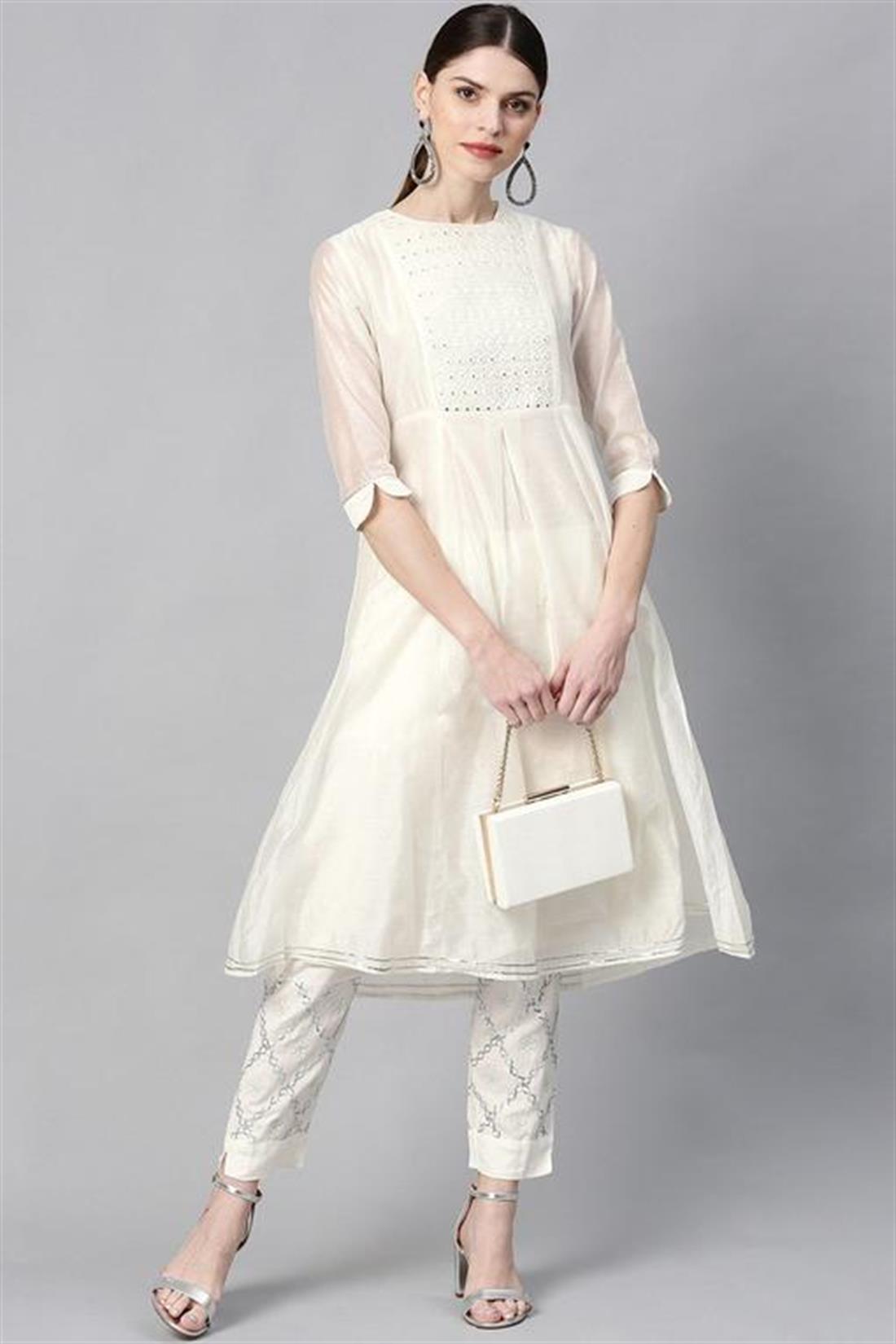 White Cotton Chanderi Embellished A-Line Kurta. Only.