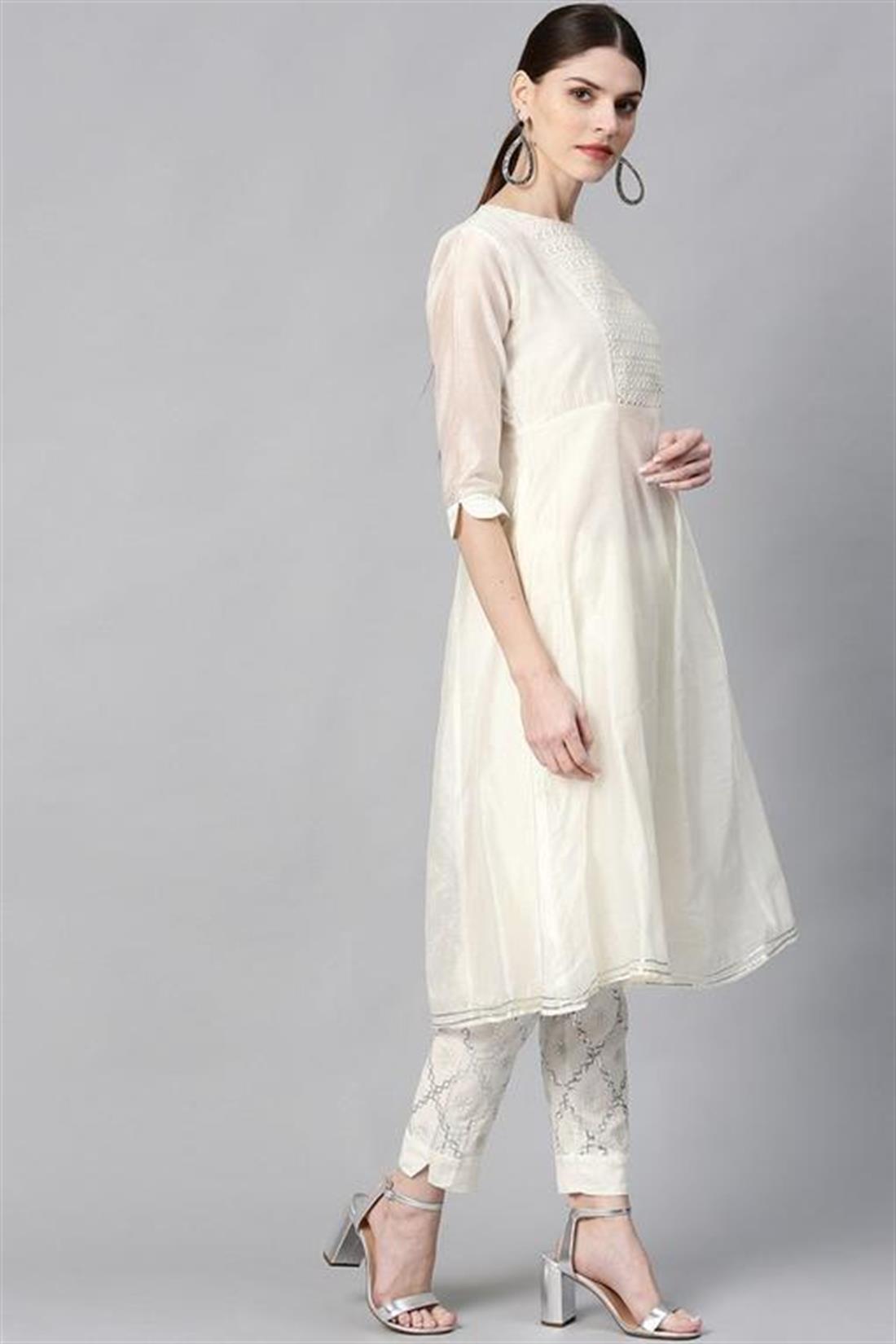 White Cotton Chanderi Embellished A-Line Kurta. Only.