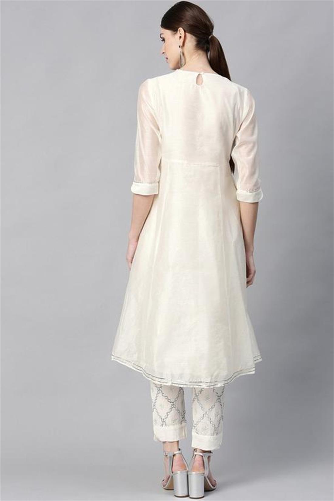 White Cotton Chanderi Embellished A-Line Kurta. Only.