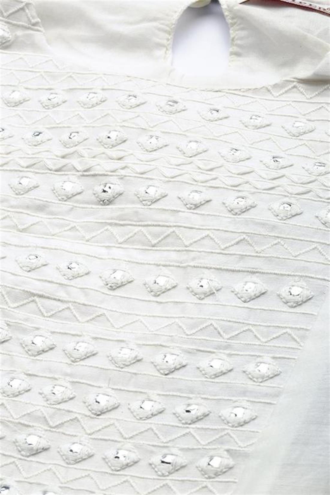 White Cotton Chanderi Embellished A-Line Kurta. Only.