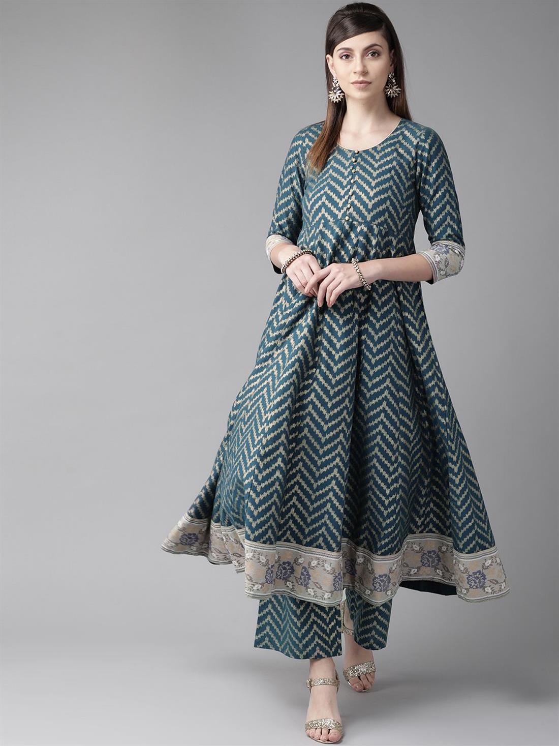 Teal Blue 1 PC & Golden Chevron Print Anarkali Kurta