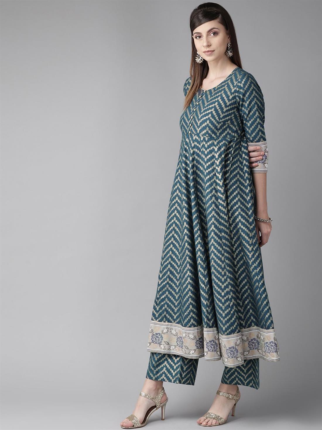 Teal Blue 1 PC & Golden Chevron Print Anarkali Kurta