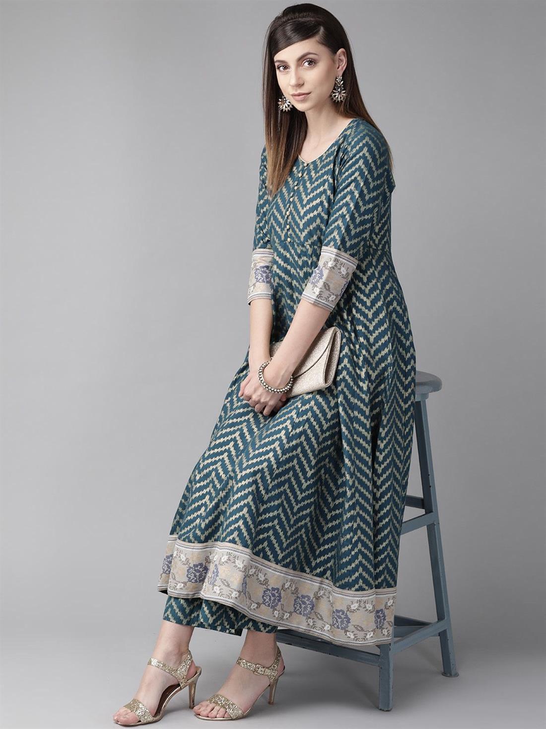 Teal Blue 1 PC & Golden Chevron Print Anarkali Kurta
