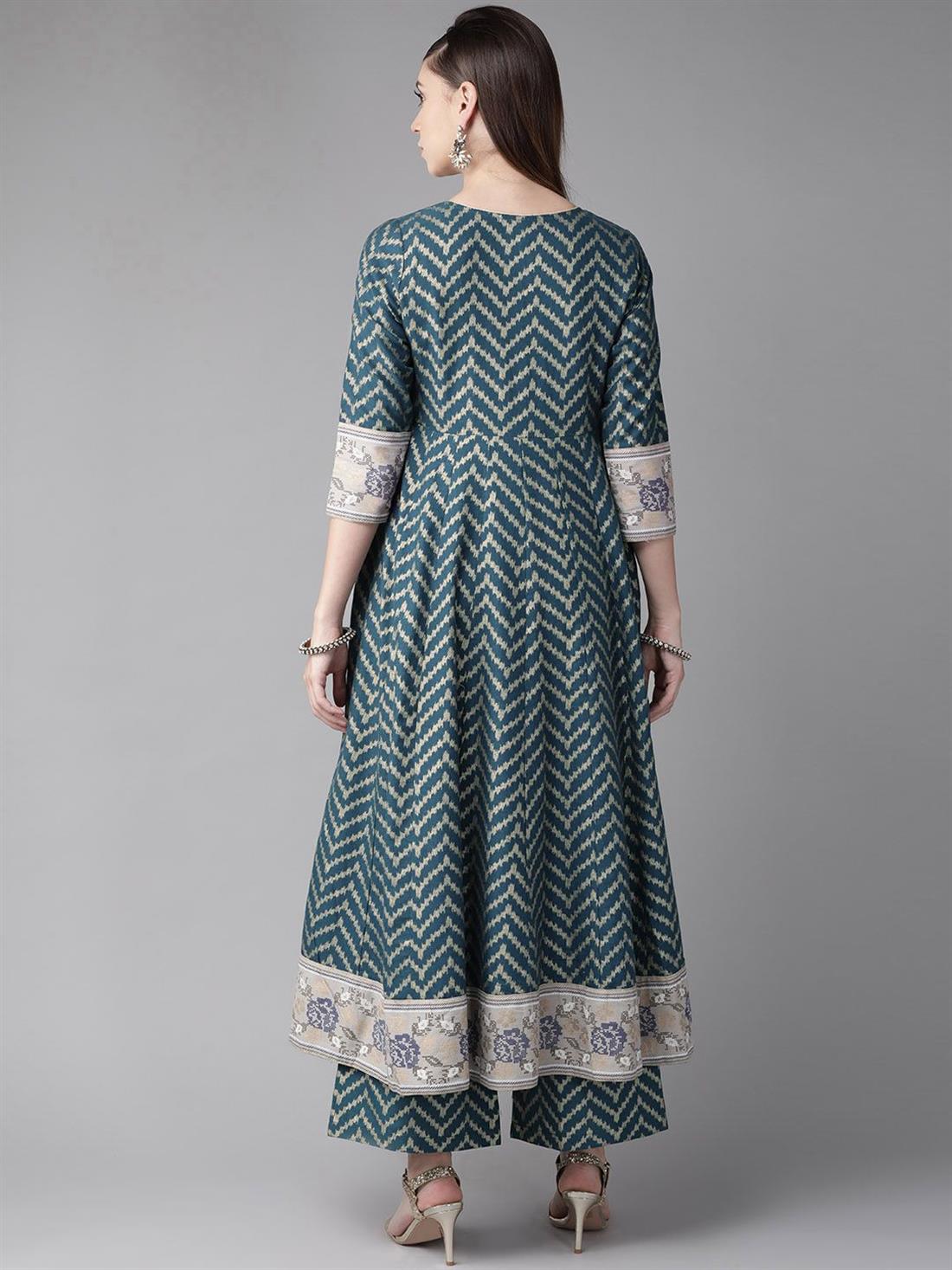 Teal Blue 1 PC & Golden Chevron Print Anarkali Kurta