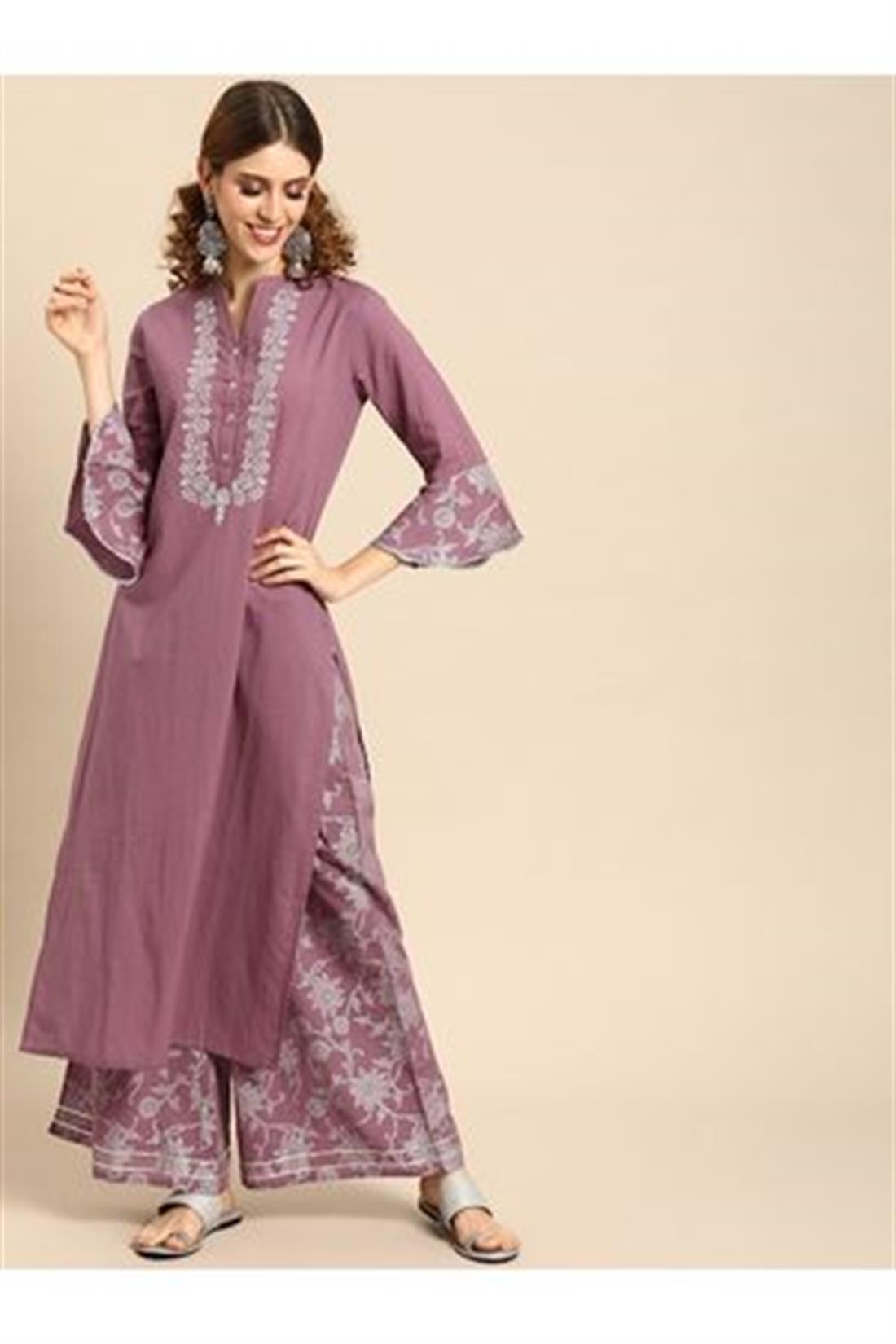 Mauve Embroidered Cotton Palazzo Ladies Tunics and Kurta