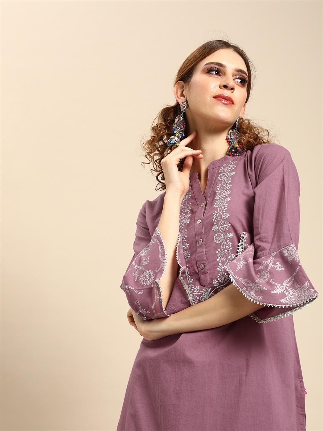Mauve Embroidered Cotton Palazzo Ladies Tunics and Kurta