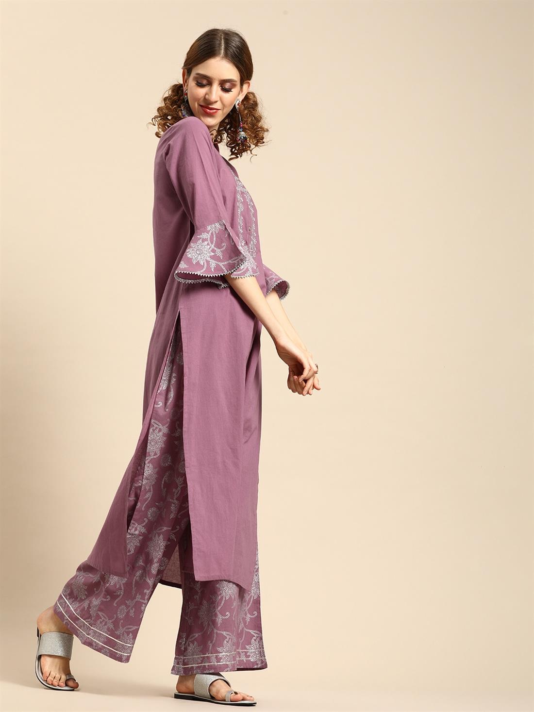 Mauve Embroidered Cotton Palazzo Ladies Tunics and Kurta