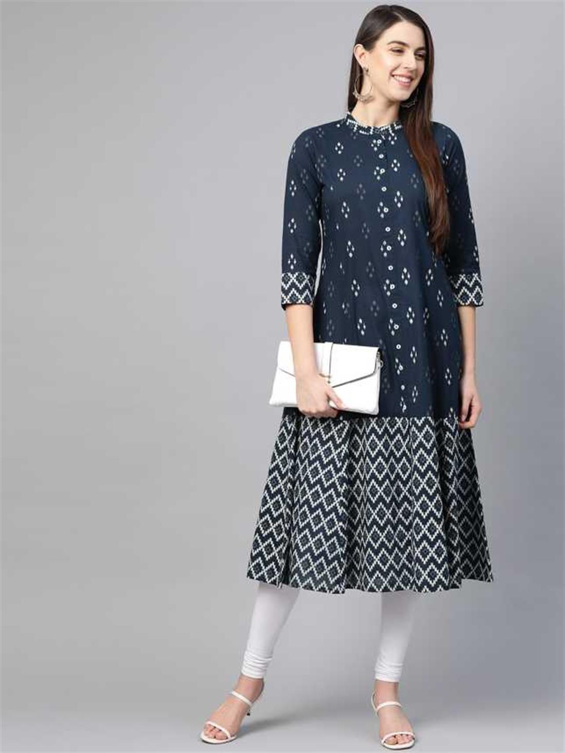 Navy Blue Women Printed Cotton Blend A-line Kurta (Navy Blue)