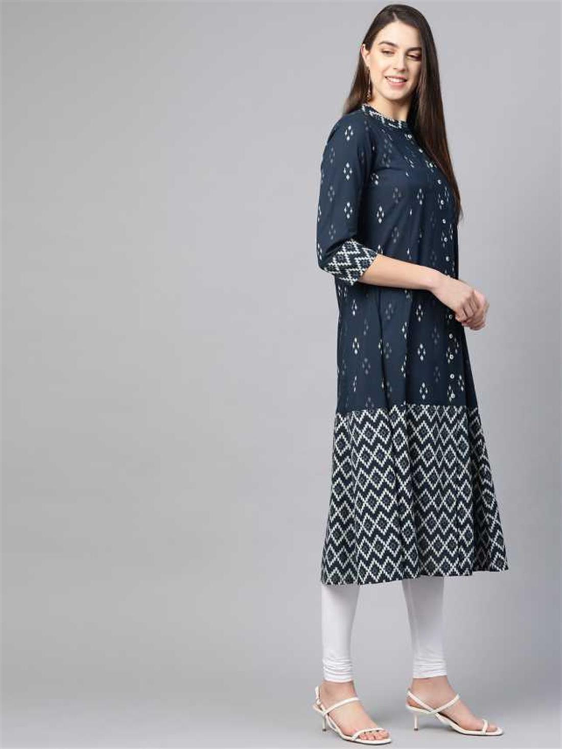 Navy Blue Women Printed Cotton Blend A-line Kurta (Navy Blue)