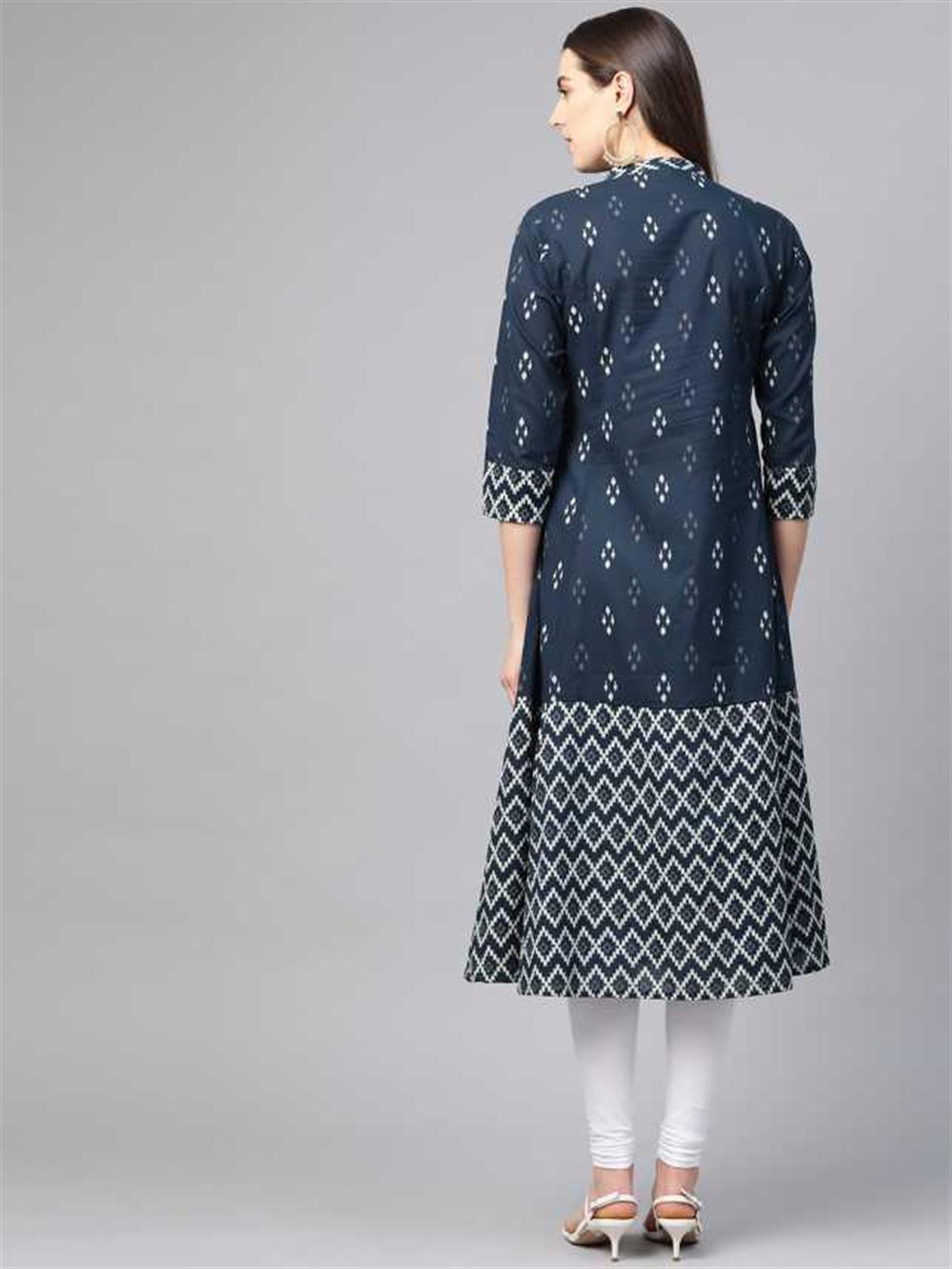 Navy Blue Women Printed Cotton Blend A-line Kurta (Navy Blue)