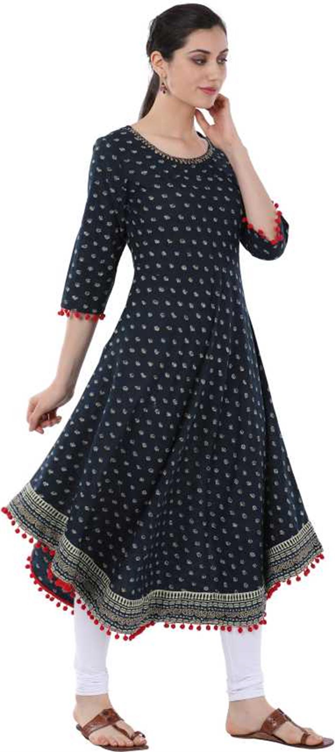Teal Blue Women Printed Cambric Anarkali Kurta (Teal Blue)