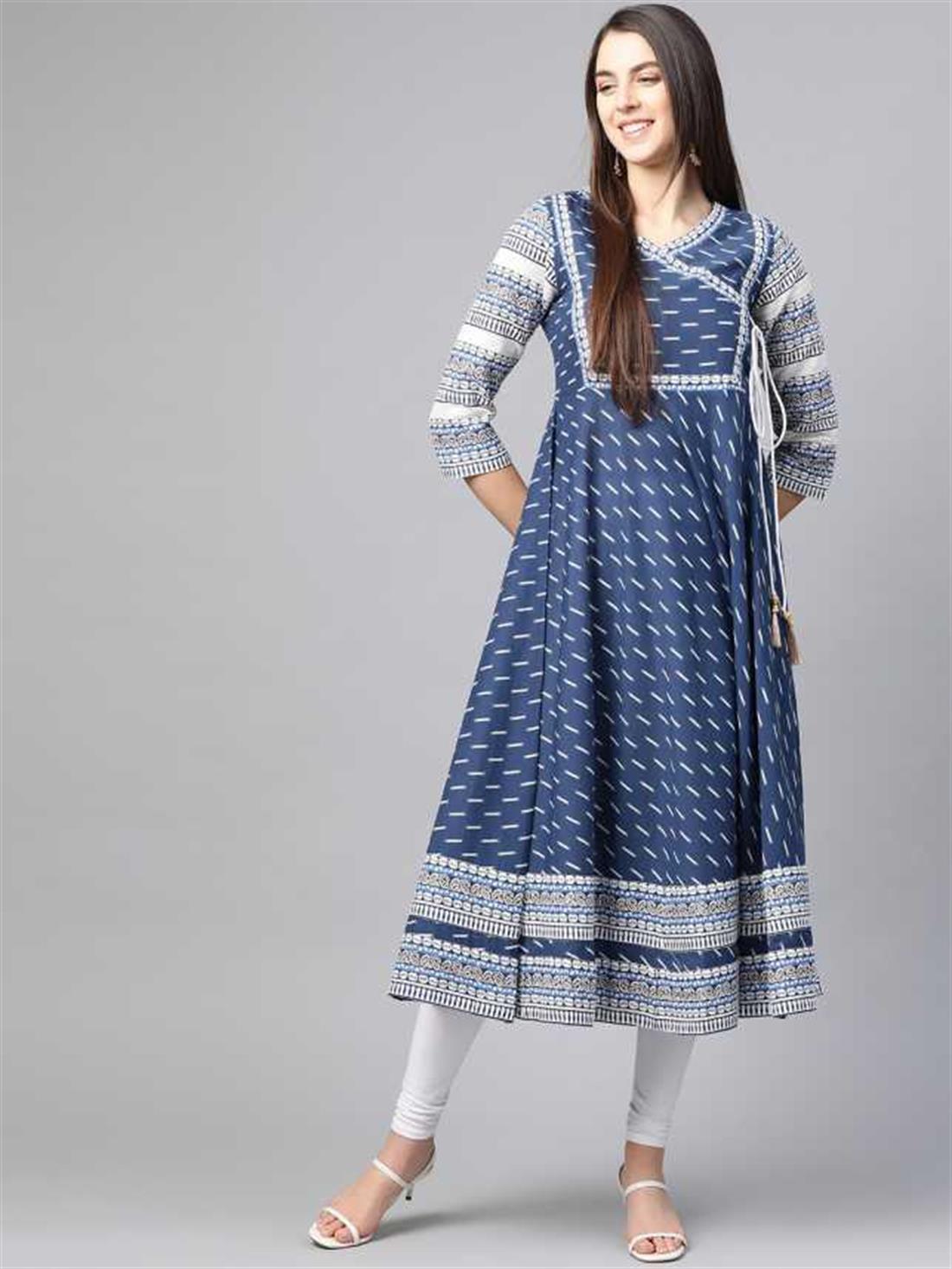 Blue Women Printed Cotton Blend Anarkali Kurta (Multicolor)