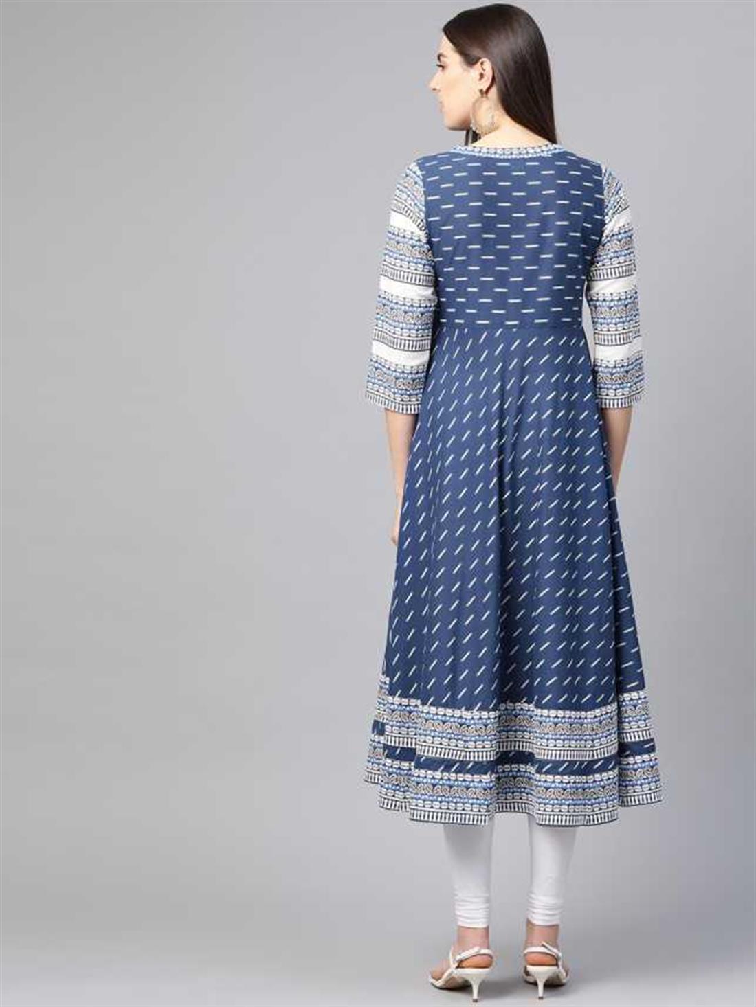 Blue Women Printed Cotton Blend Anarkali Kurta (Multicolor)