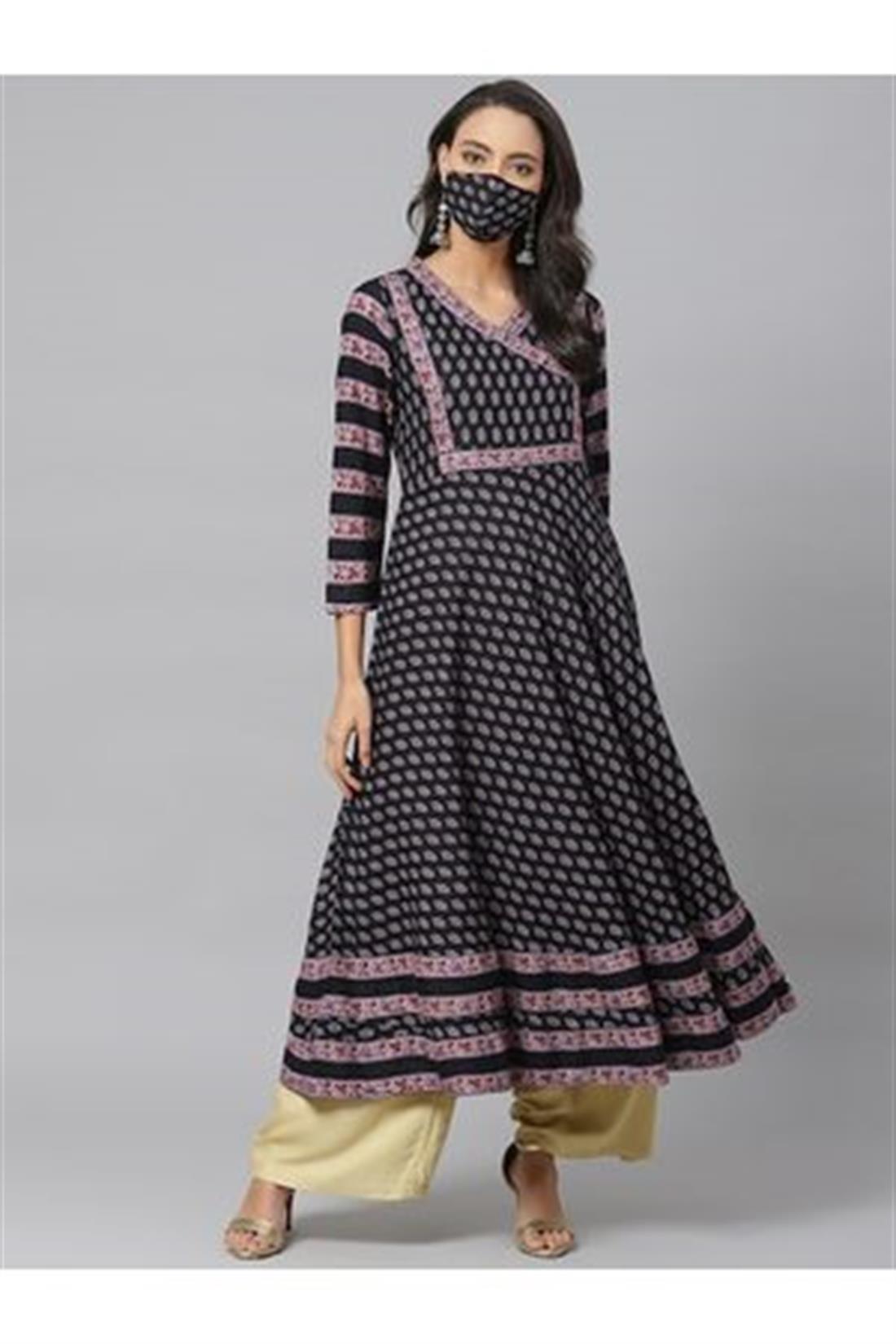 Black & Multicolour Printed Anarkali Ladies Tunics and Kurta