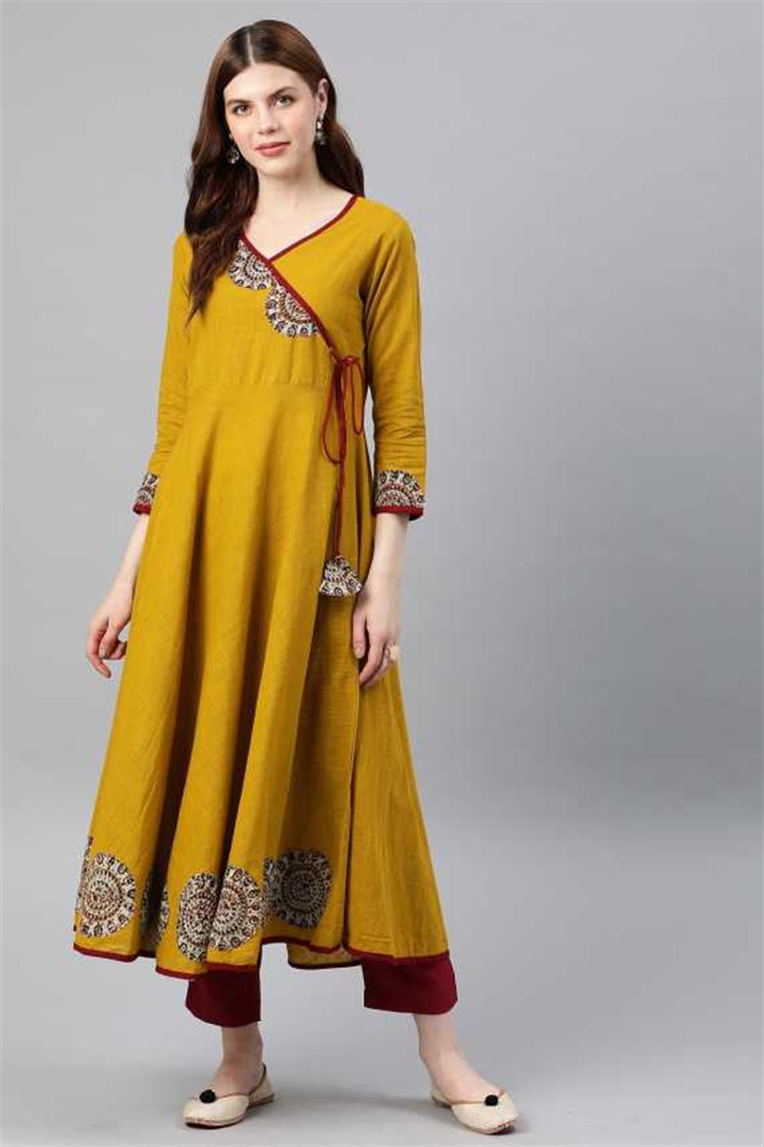 Mustard Women Patchwork Cotton Blend Anarkali Kurta