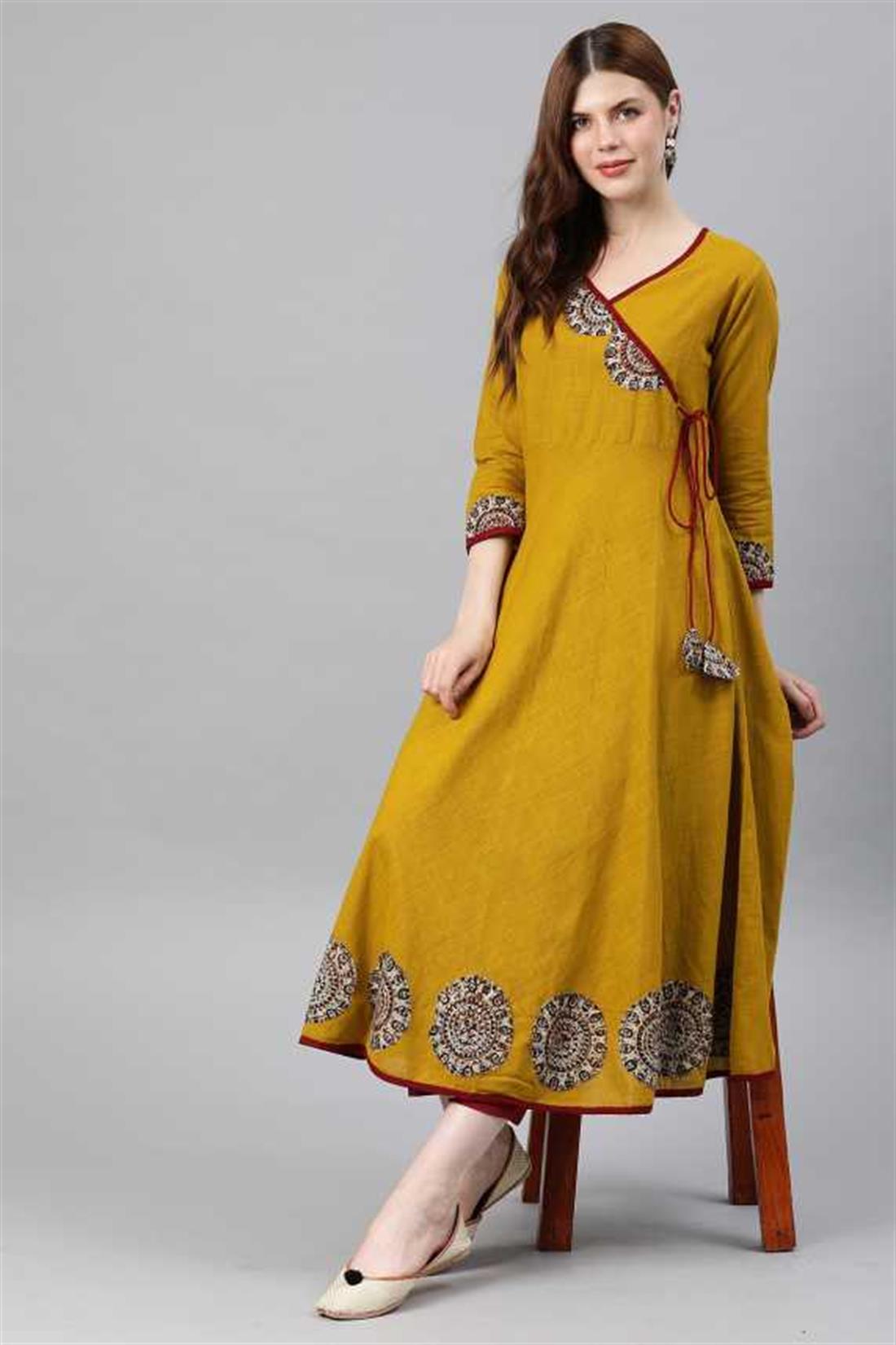 Mustard Women Patchwork Cotton Blend Anarkali Kurta
