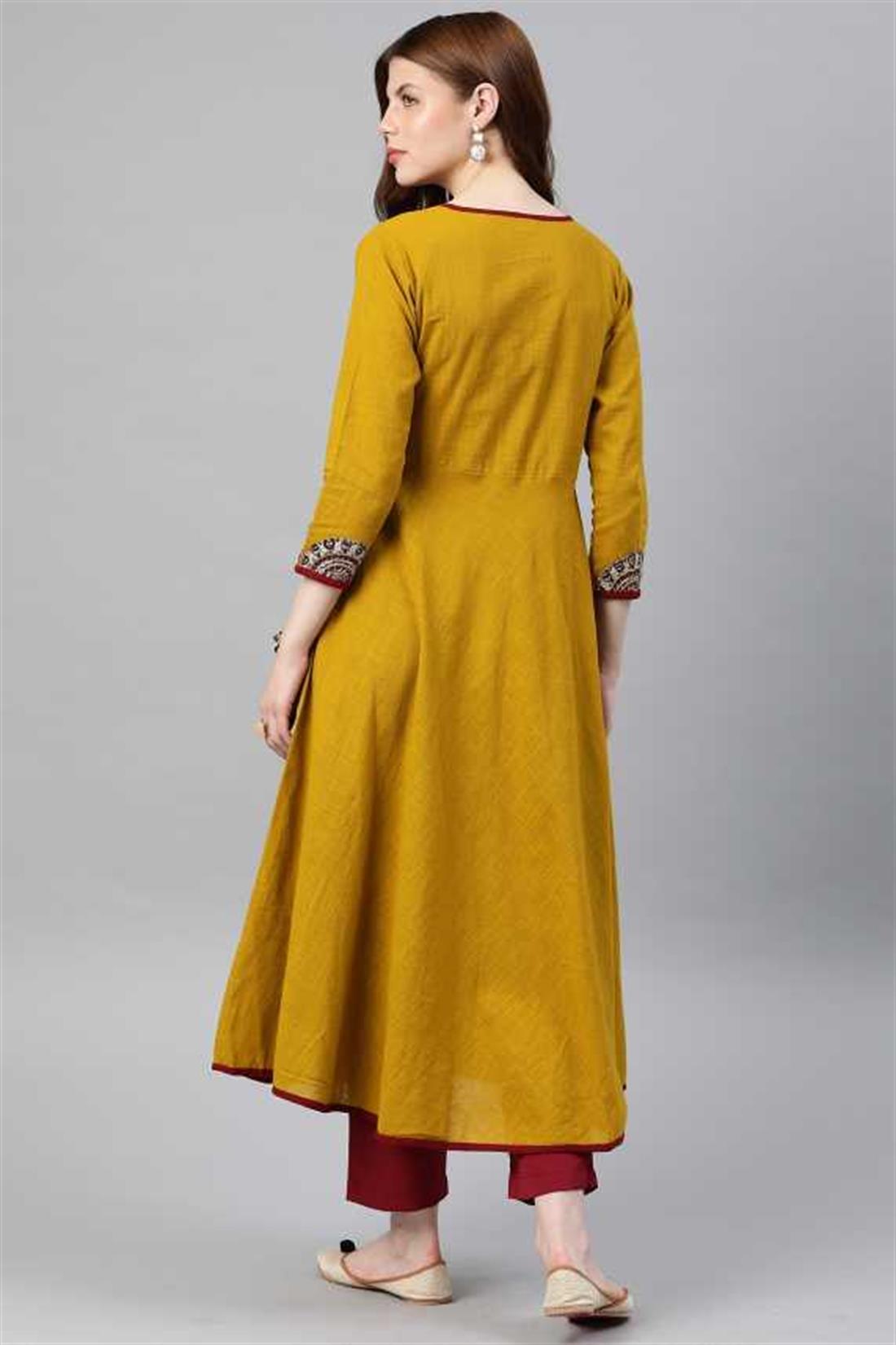 Mustard Women Patchwork Cotton Blend Anarkali Kurta