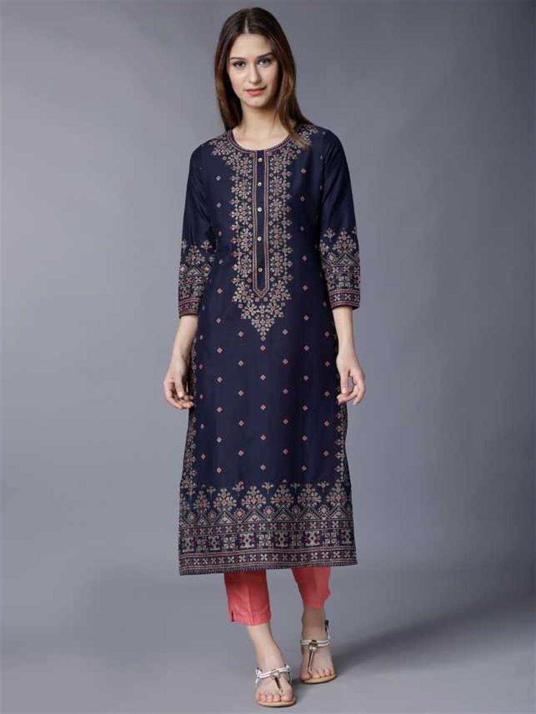 Navy Blue Women Patchwork Cotton Blend Anarkali Kurta