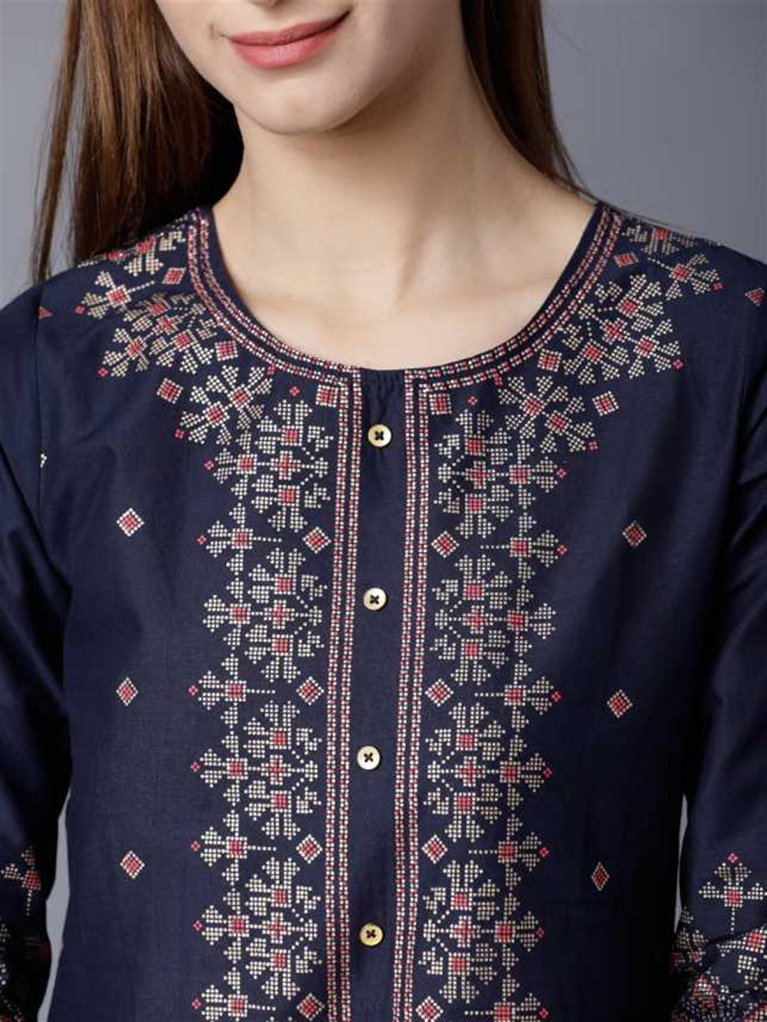 Navy Blue Women Patchwork Cotton Blend Anarkali Kurta