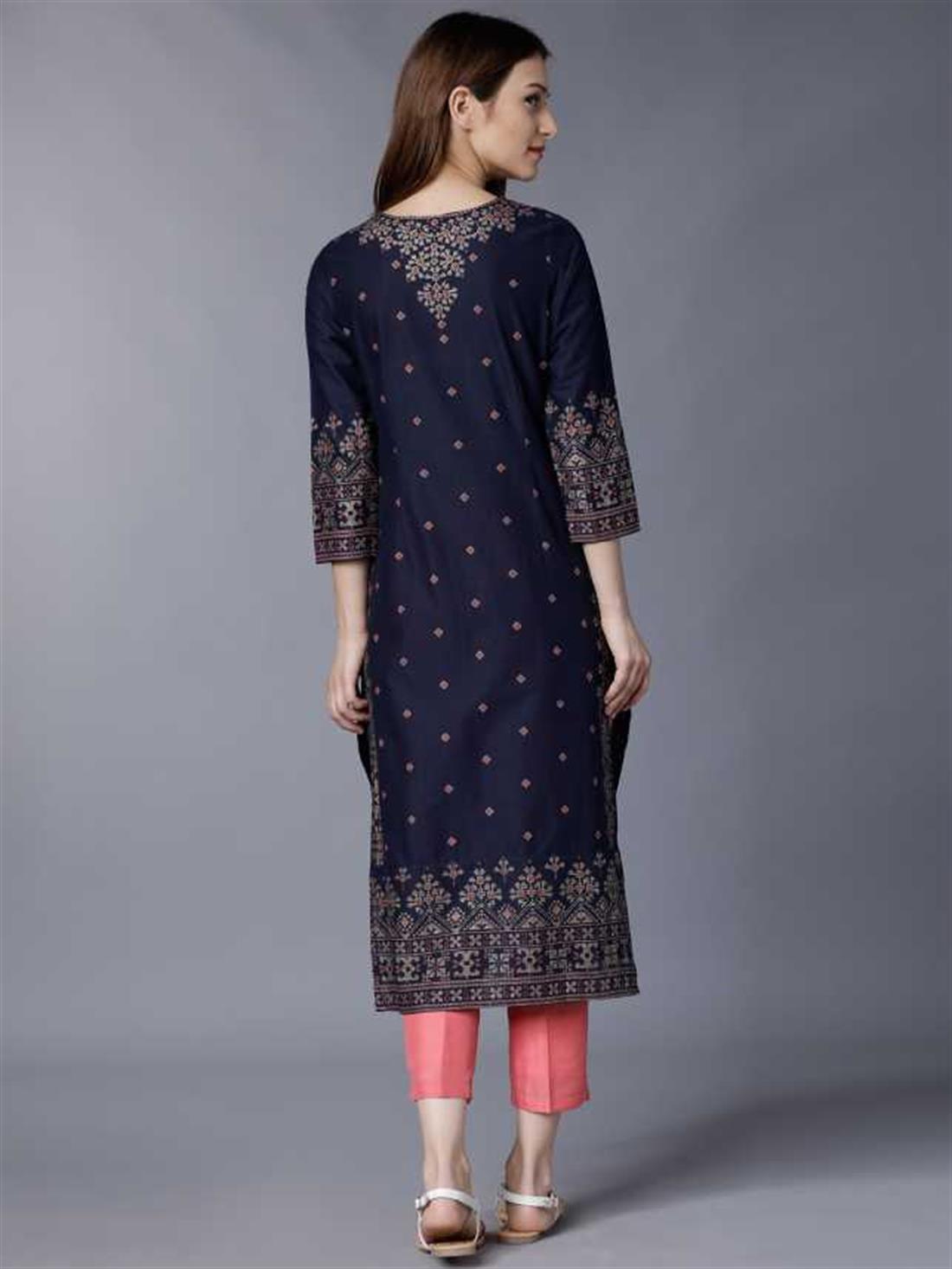 Navy Blue Women Patchwork Cotton Blend Anarkali Kurta