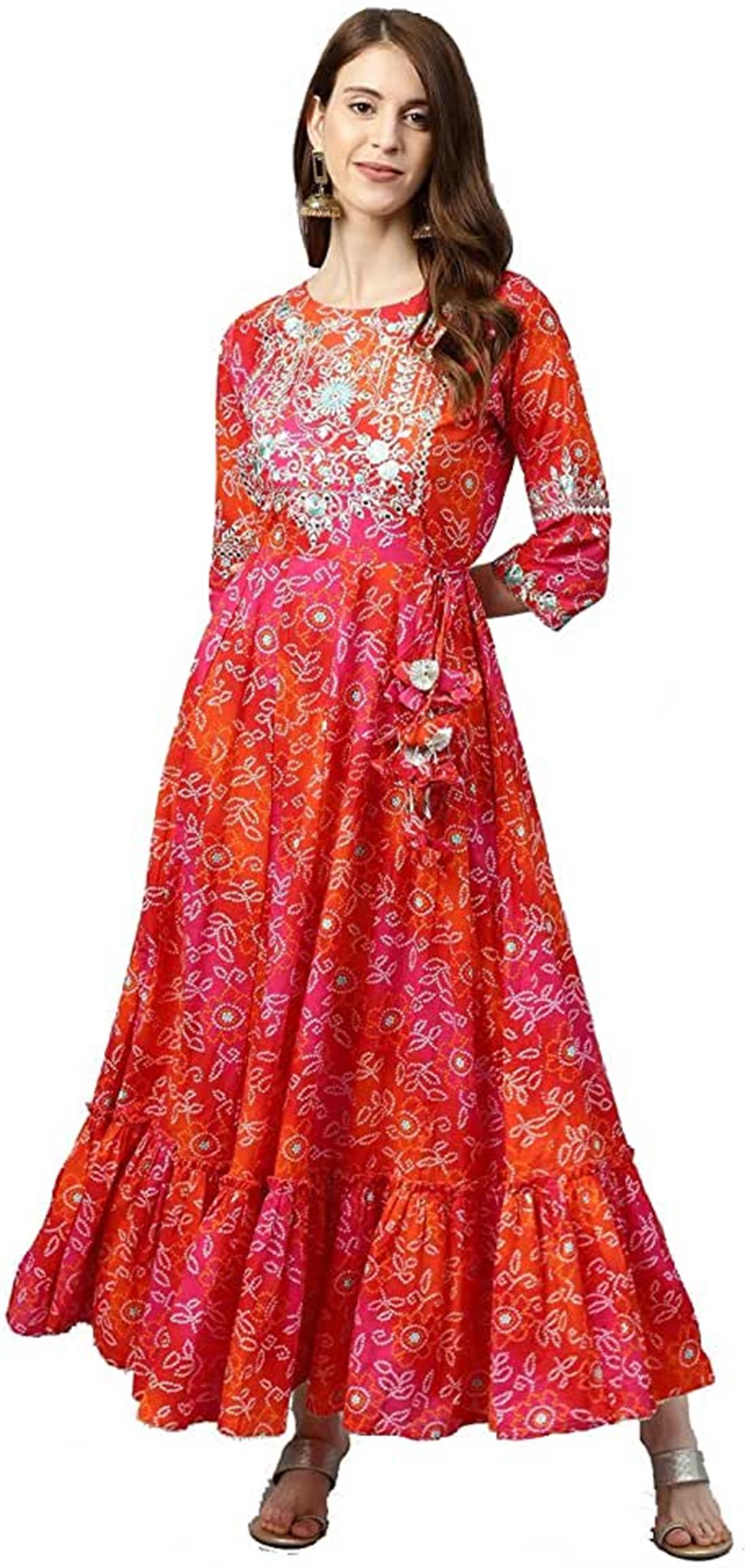 Orange & Multicolour Orange/Multicolour Cotton Printed Anarkali Embroidery Kurti
