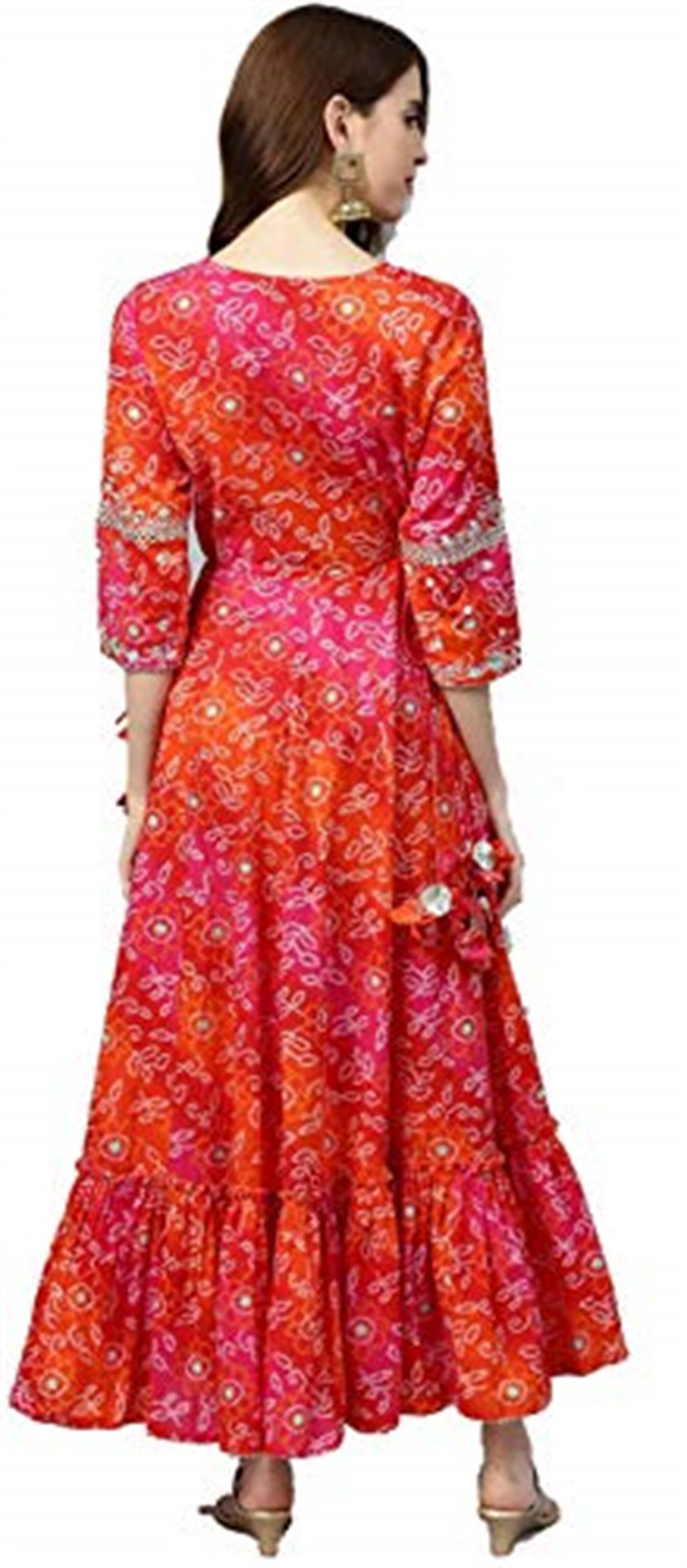 Orange & Multicolour Orange/Multicolour Cotton Printed Anarkali Embroidery Kurti