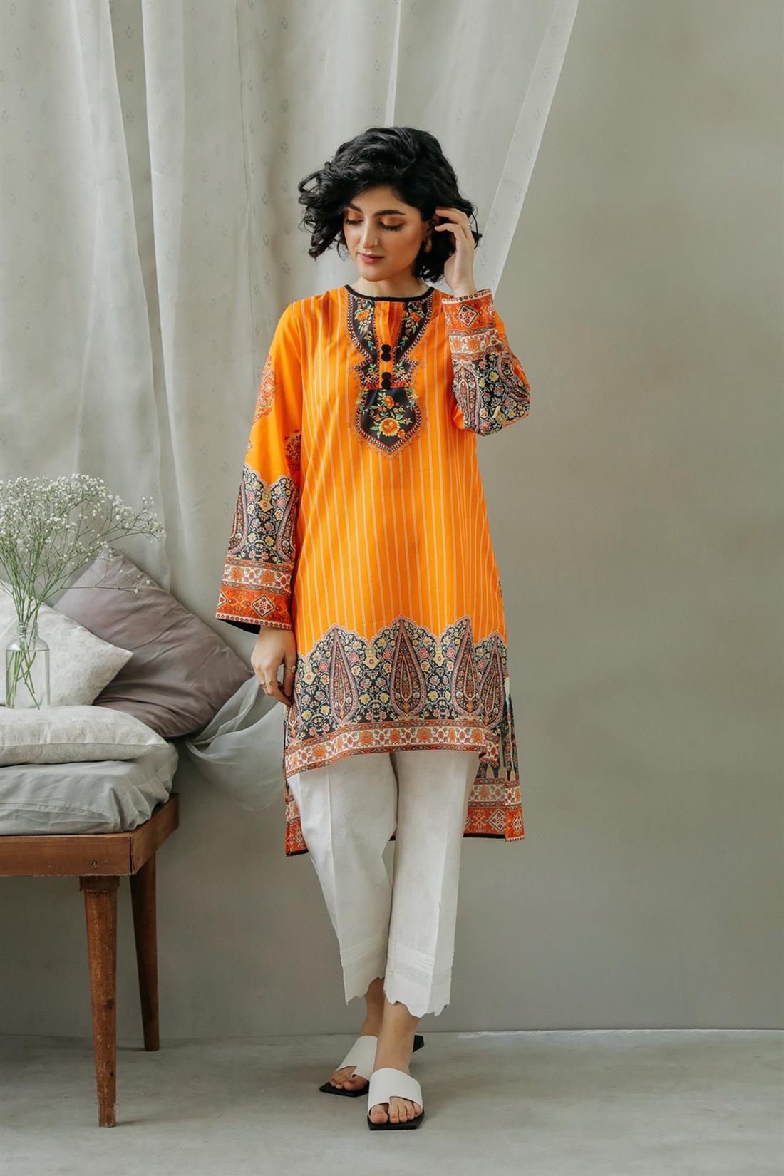 Orange Printed Lawn Ethnic Designer Ladies Ready to Wear Suits