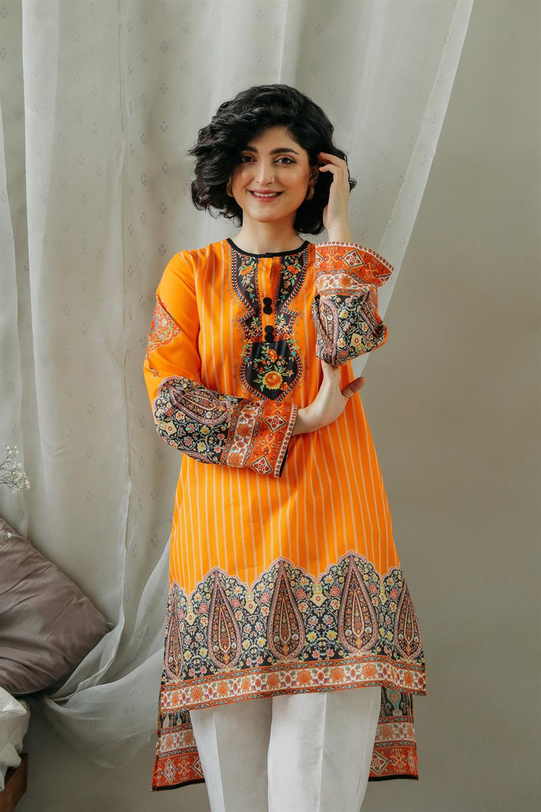 Orange Printed Lawn Ethnic Designer Ladies Ready to Wear Suits