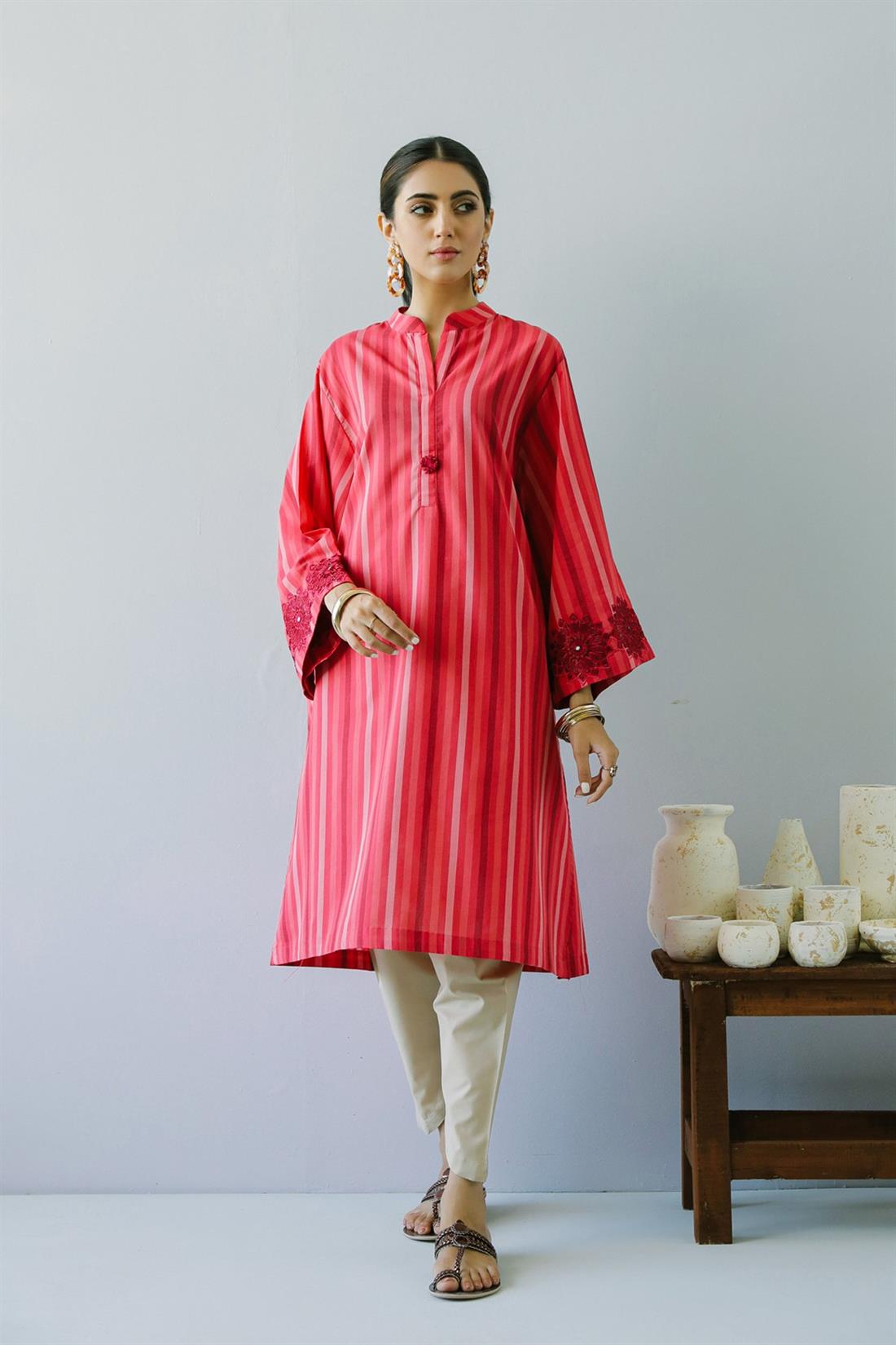 Red & Pink Mirror Work Ethnic Designer Ladies Ready to Wear Suits