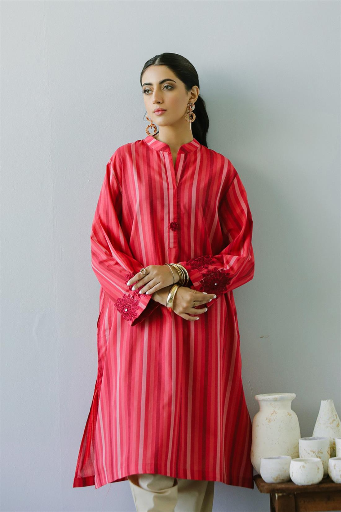 Red & Pink Mirror Work Ethnic Designer Ladies Ready to Wear Suits