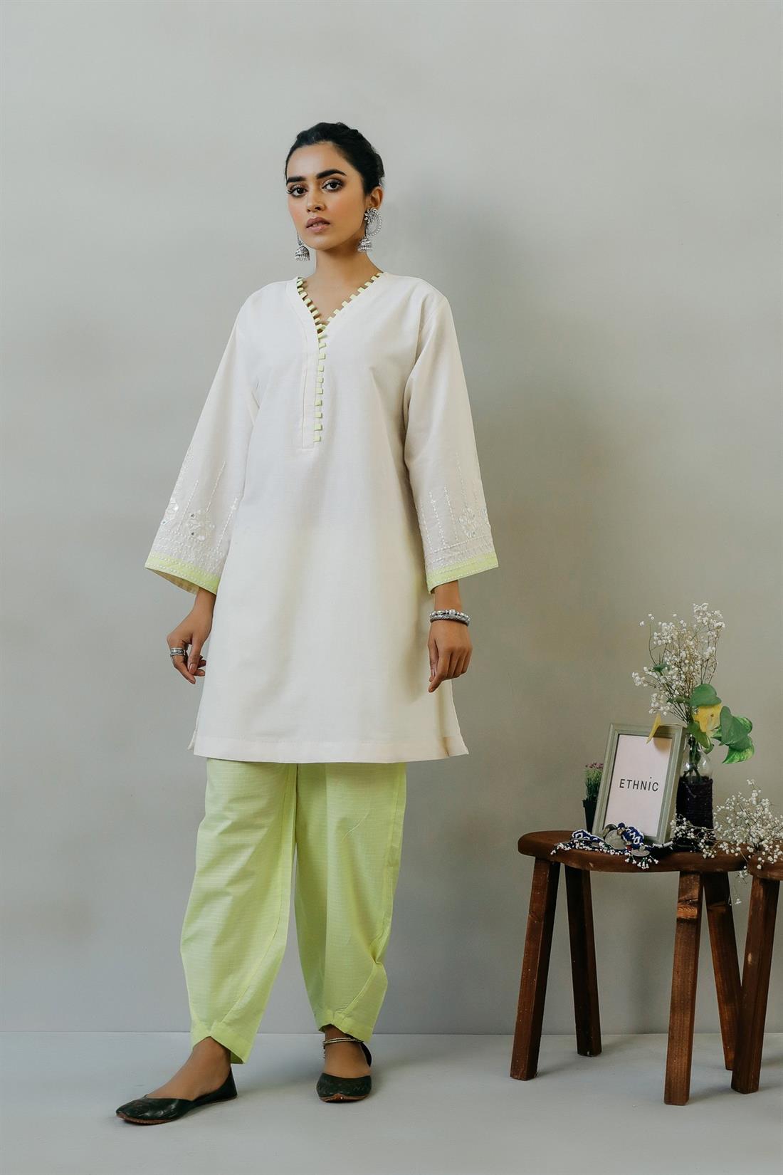 Off White & Yellow Embroidered Ethnic Designer Ladies Ready to Wear Suits
