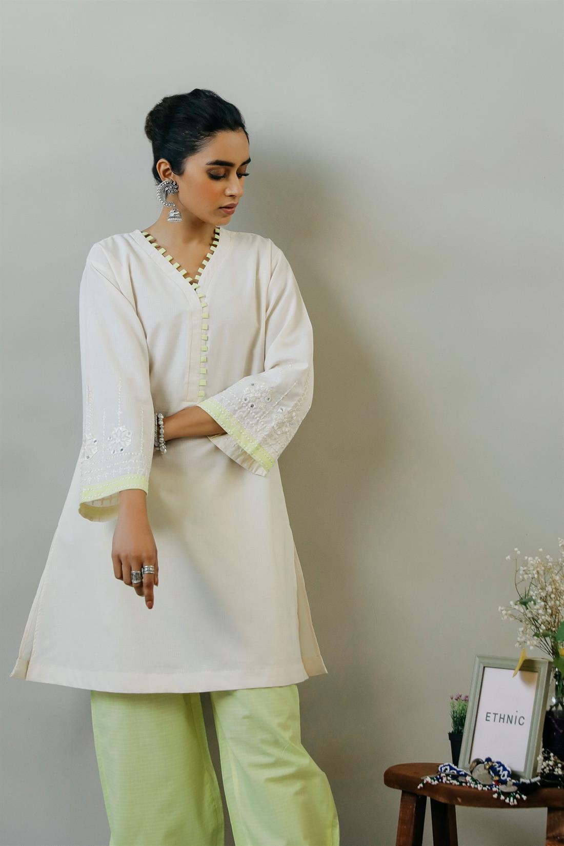 Off White & Yellow Embroidered Ethnic Designer Ladies Ready to Wear Suits