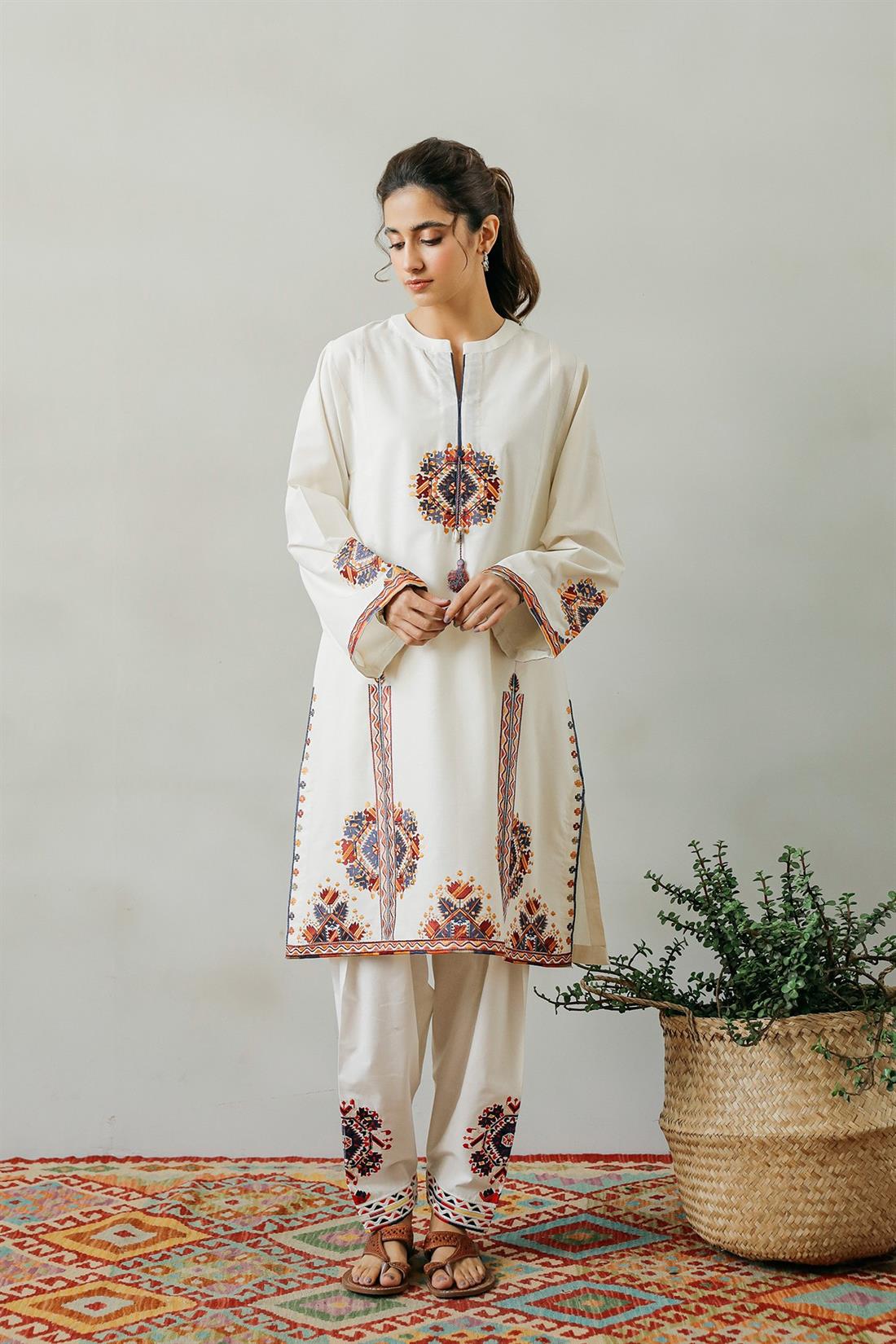 Off White Embroidered Ethnic Designer Ladies Ready to Wear Suits