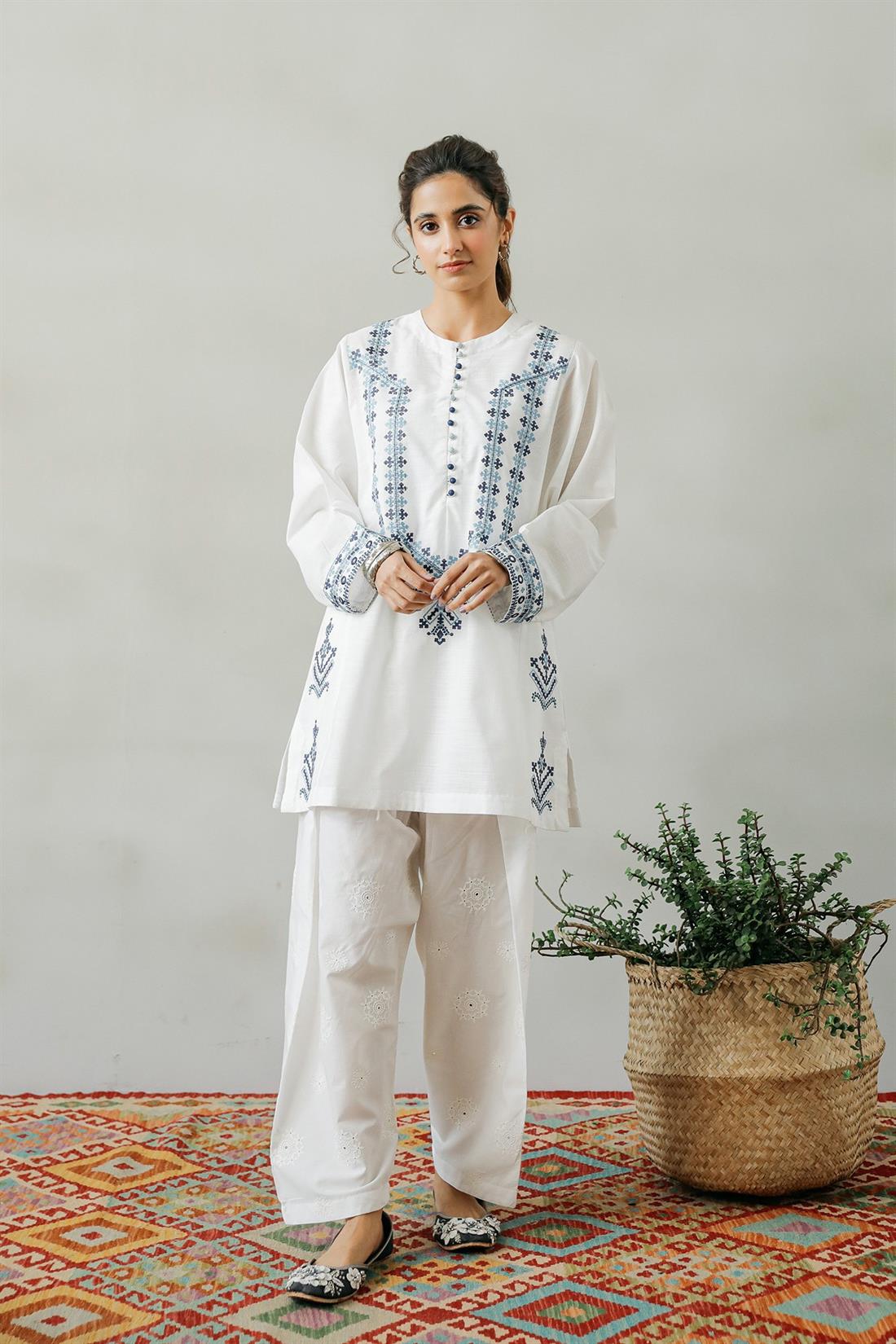 White Embroidered Ethnic Designer Ladies Ready to Wear Suits