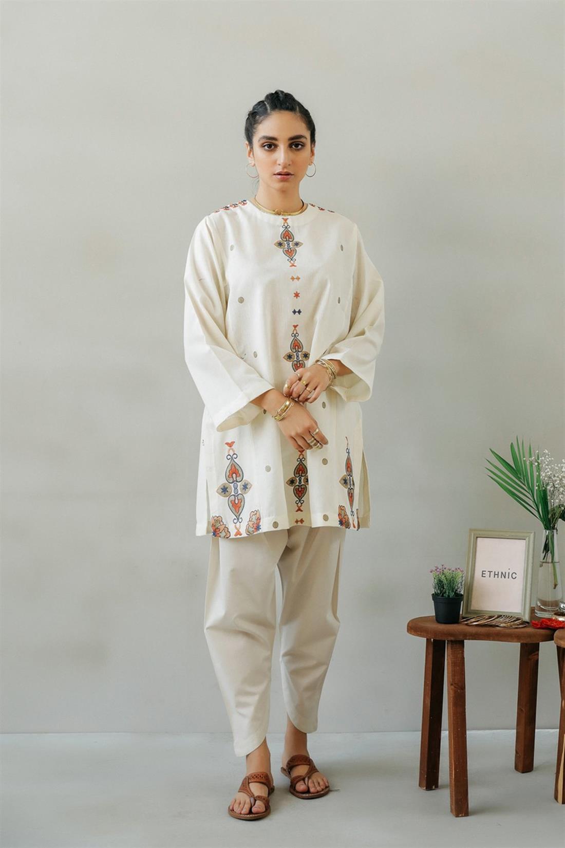 Cream Embroidered Linen Ethnic Designer Ladies Ready to Wear Suits