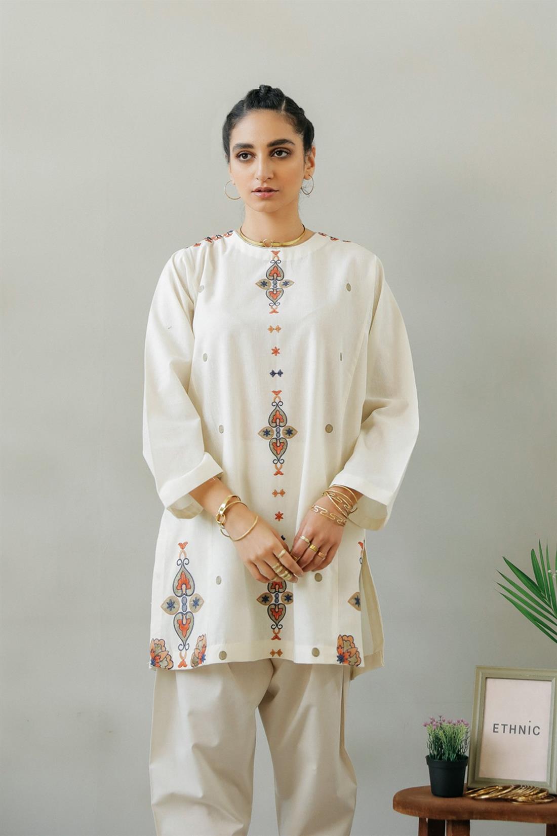 Cream Embroidered Linen Ethnic Designer Ladies Ready to Wear Suits