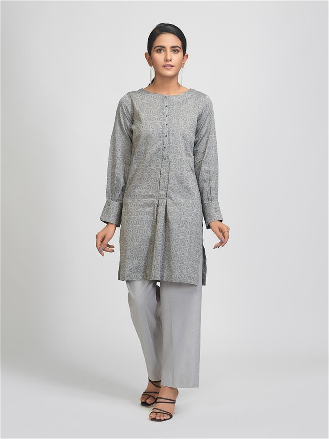 Grey & Blue 1pc Stitched Lawn Jacquard Shirt- Casual Pret