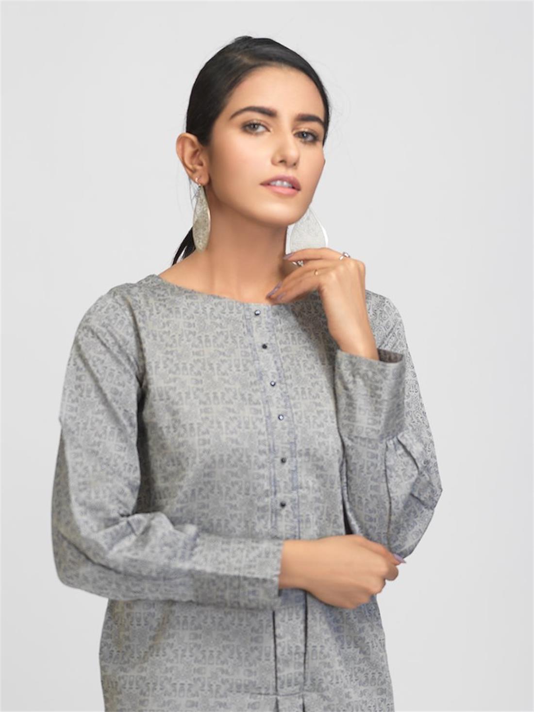Grey & Blue 1pc Stitched Lawn Jacquard Shirt- Casual Pret