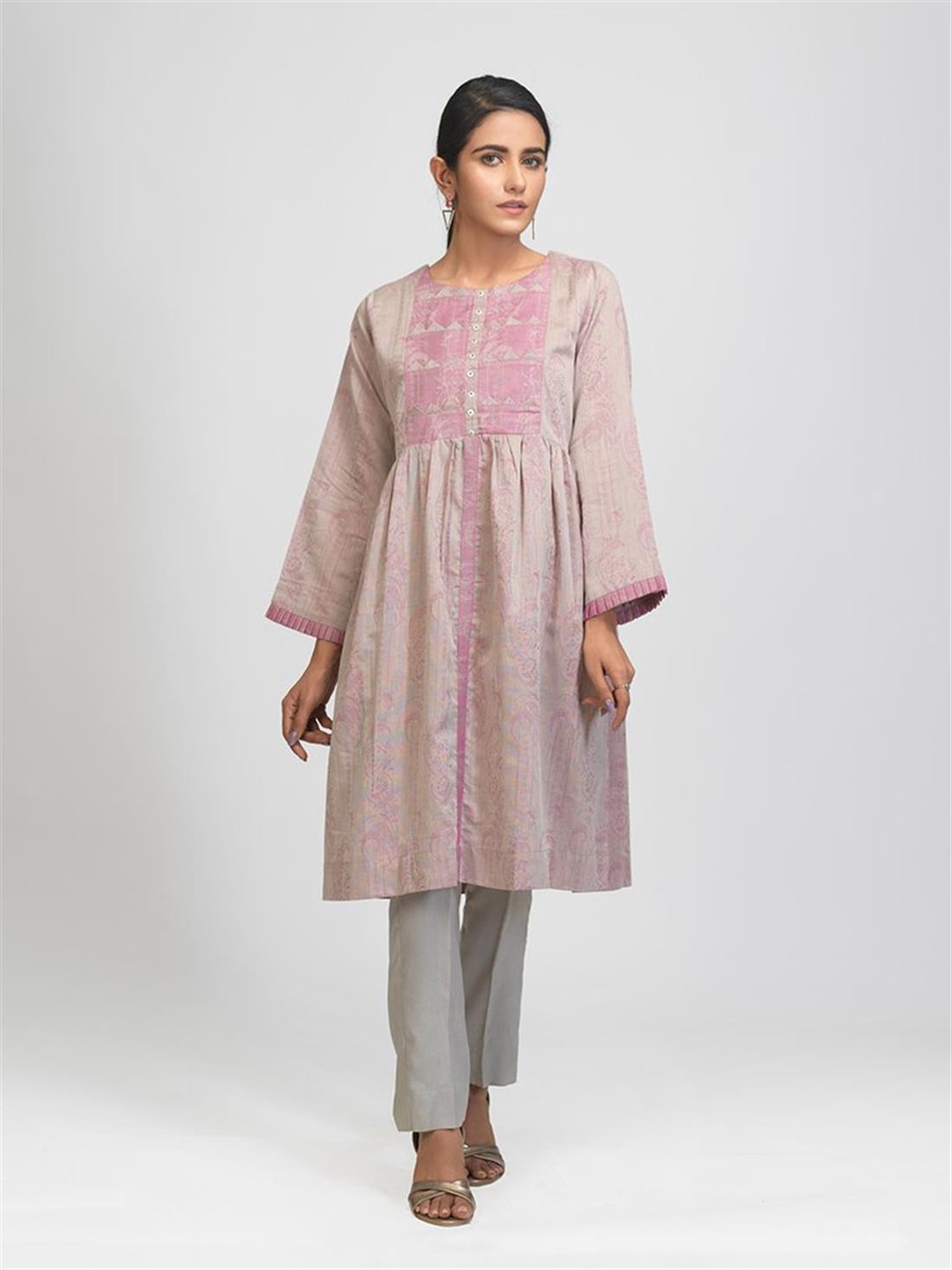 Pink & Beige 1pc Stitched Lawn Jacquard Shirt- Casual Pret