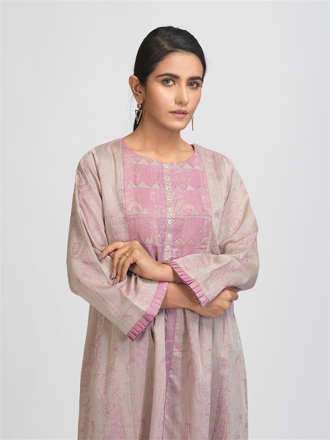 Pink & Beige 1pc Stitched Lawn Jacquard Shirt- Casual Pret