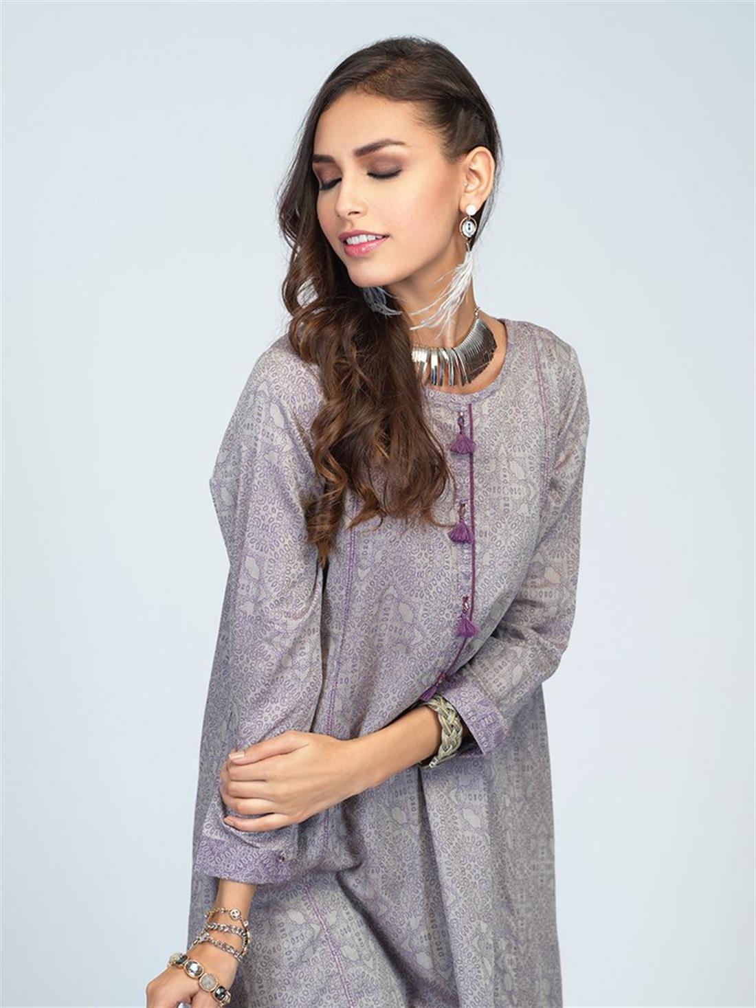 Grey 1pc Stitched Lawn Jacquard Shirt- Casual Pret