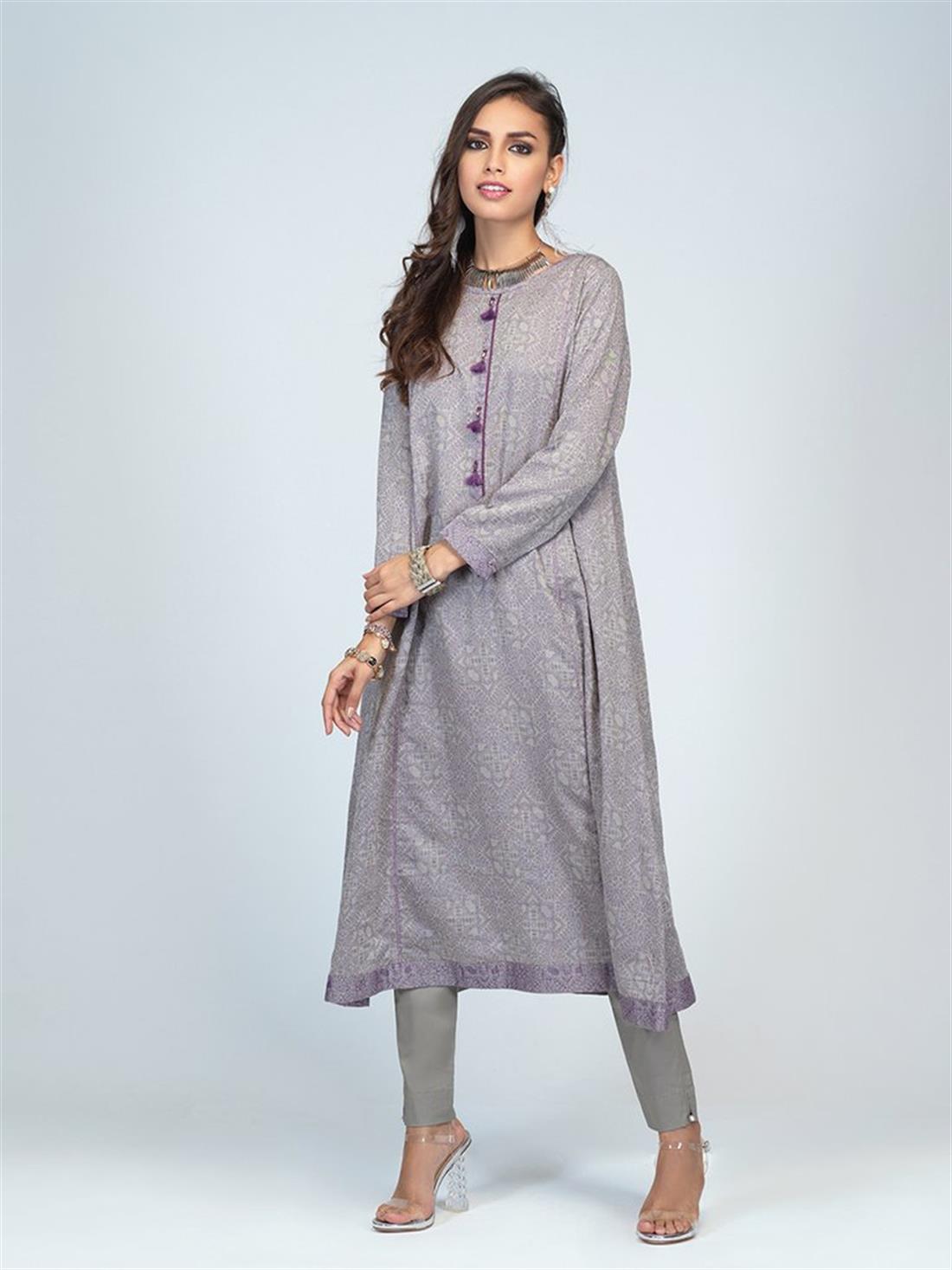 Grey 1pc Stitched Lawn Jacquard Shirt- Casual Pret